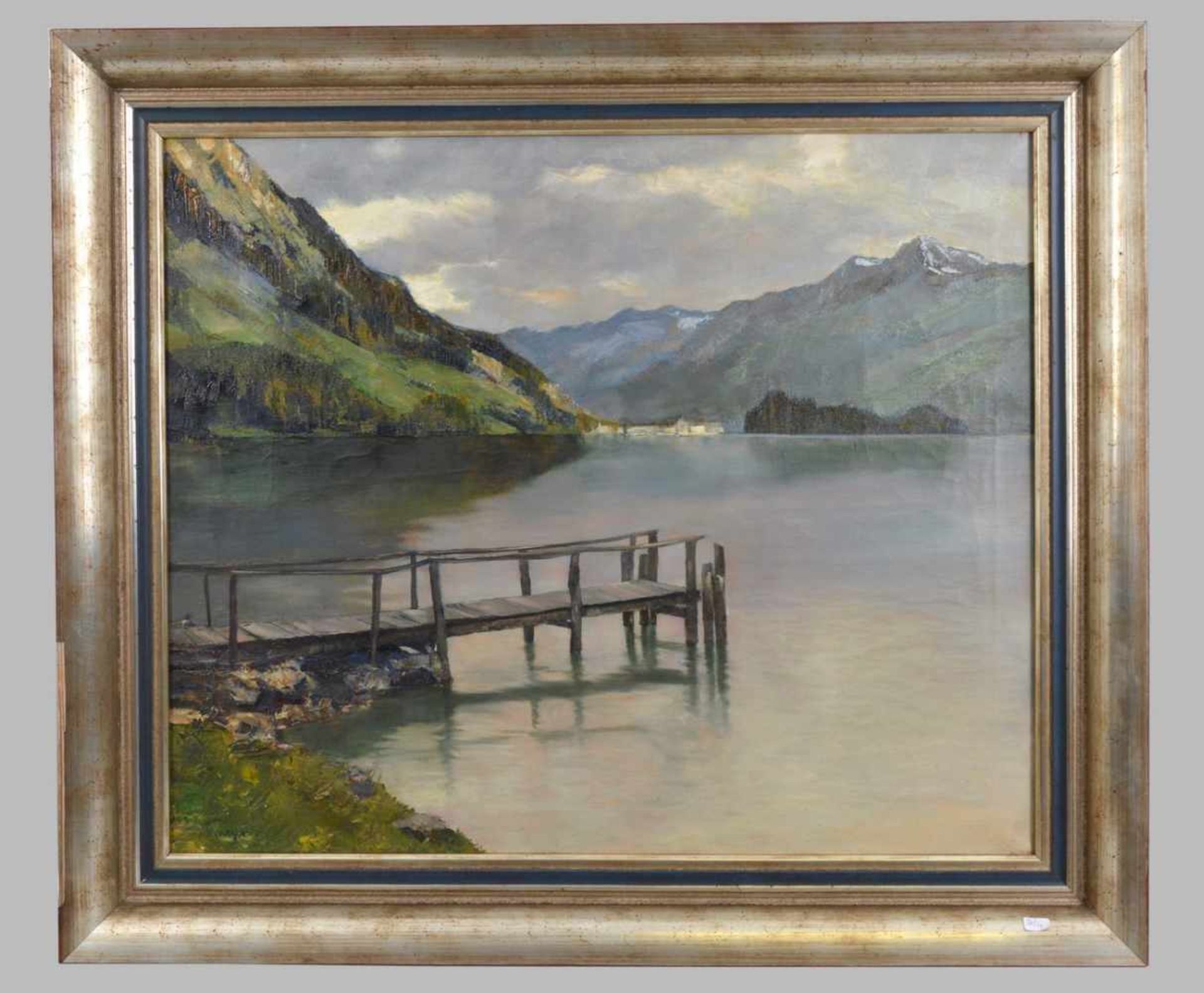 Unbekannter Maler Anfang 20. Jh., See im Gebirge mit altem Holzsteg, Öl/Lwd., u.l.sign., 50 X 60 cm,
