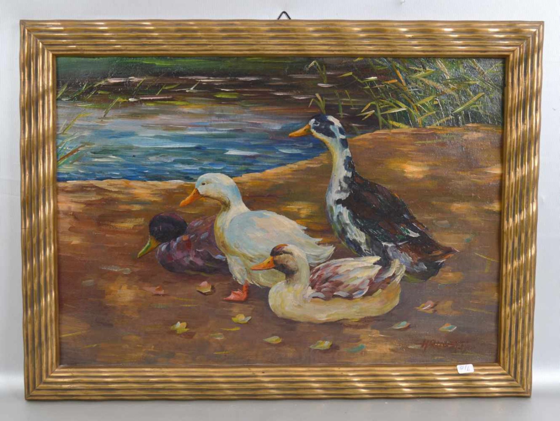 A. Quast dat. 1920, vier Enten am Teich, Öl/Malpappe, u.r.sign., 34 X 49 cm, Goldrahmen