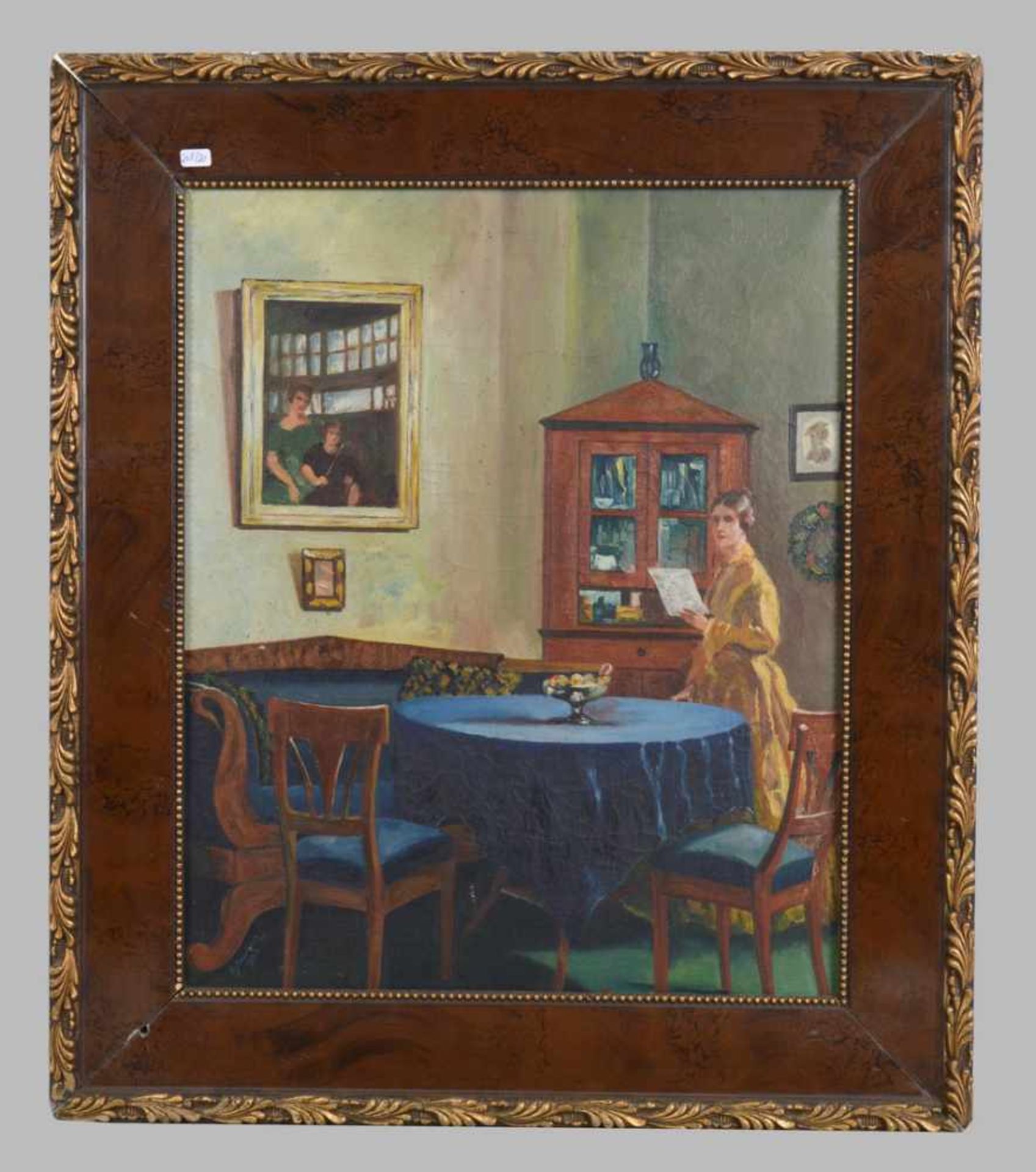 E. Jonasch dat. 1926, Dame mit Brief im Biedermeiersalon, Öl/Lwd., u.r.sign. und dat., 41 X 50 cm,