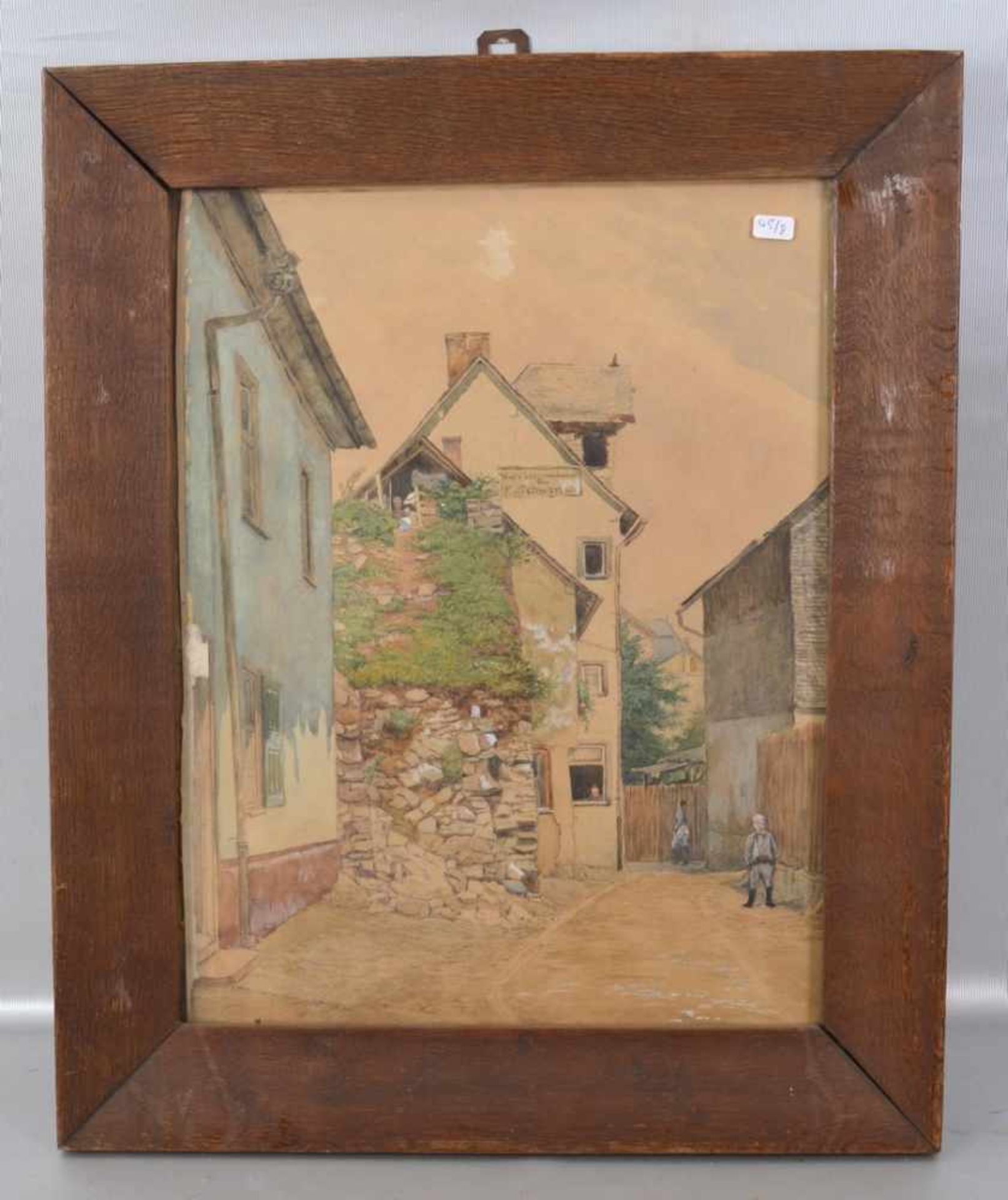 Mischtechnik Dorfstraße mit alten Häusern und Figurenstaffage, 29 X 38 cm, Rahmen