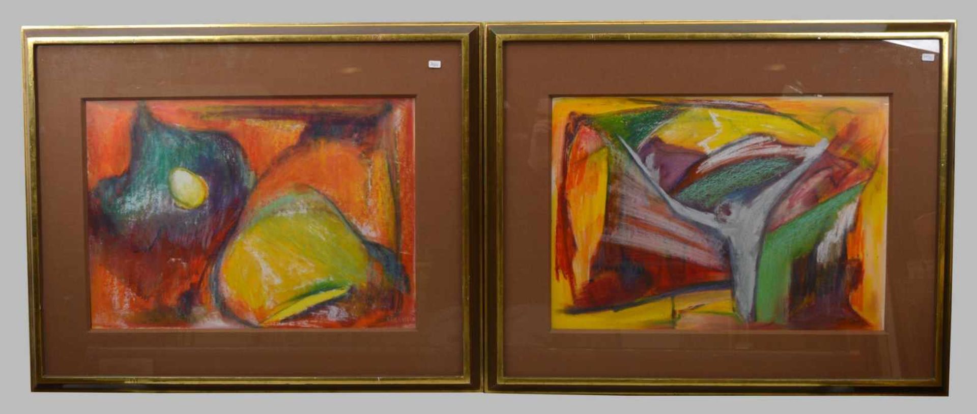 Zwei Gouachen ohne Titel, bunte Darstellungen, 35 X 51 cm, Rahmen