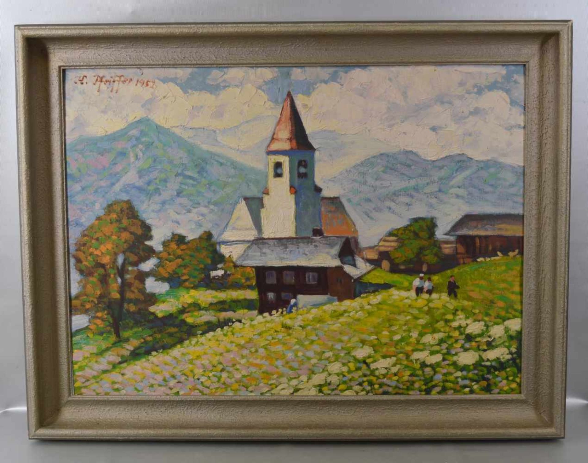 H. Pfeiffer dat. 1952, kleine Kirche in der Schweiz, Öl/Malpappe, o.l.sign., 50 X 69 cm, Rahmen