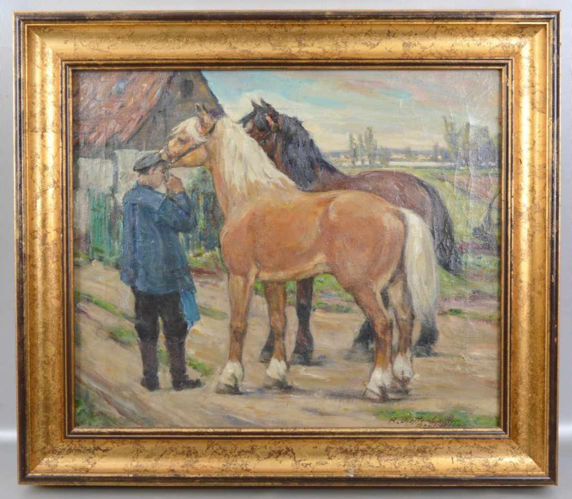 Reinhold Diefenbacher 1882-1966, Bauer mit zwei Pferden vor Haus, Öl/Lwd., u.r.sign. und dat.