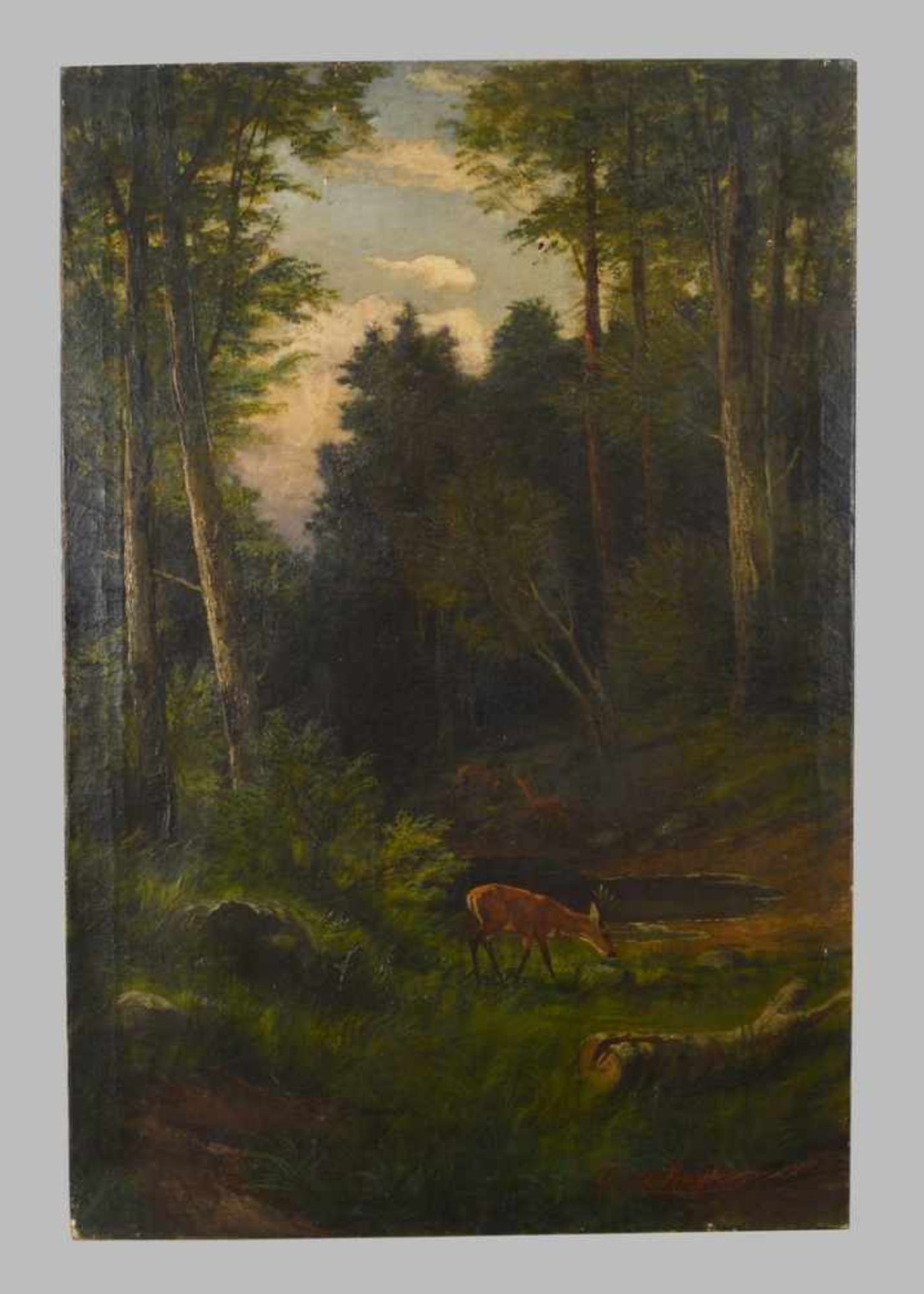 K. de Ruyter 20. Jh., Rehe auf Lichtung mit kleinem Teich, Öl/Lwd., u.l.sign., 50 X 75 cm, ohne