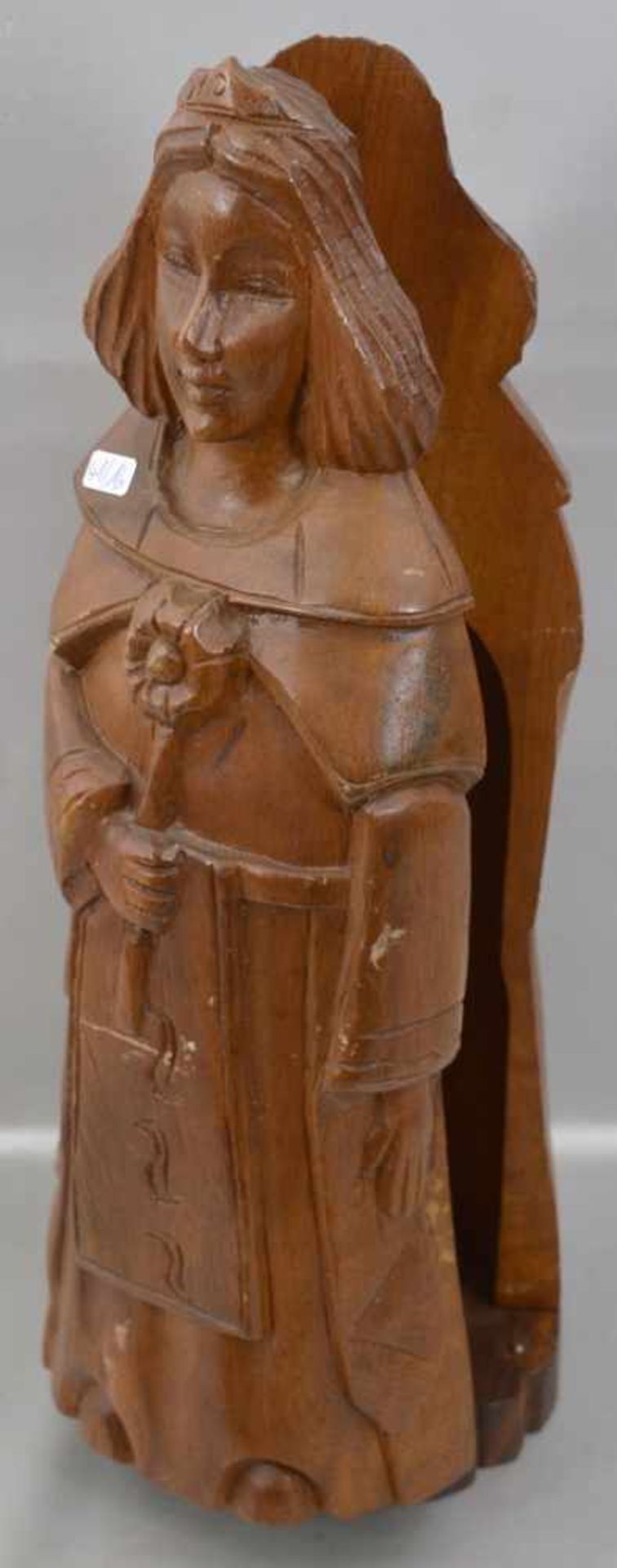 Flaschenschatulle figürliche Darstellung einer Frau mit Blüte, Holz, geschnitzt, H 42 cm