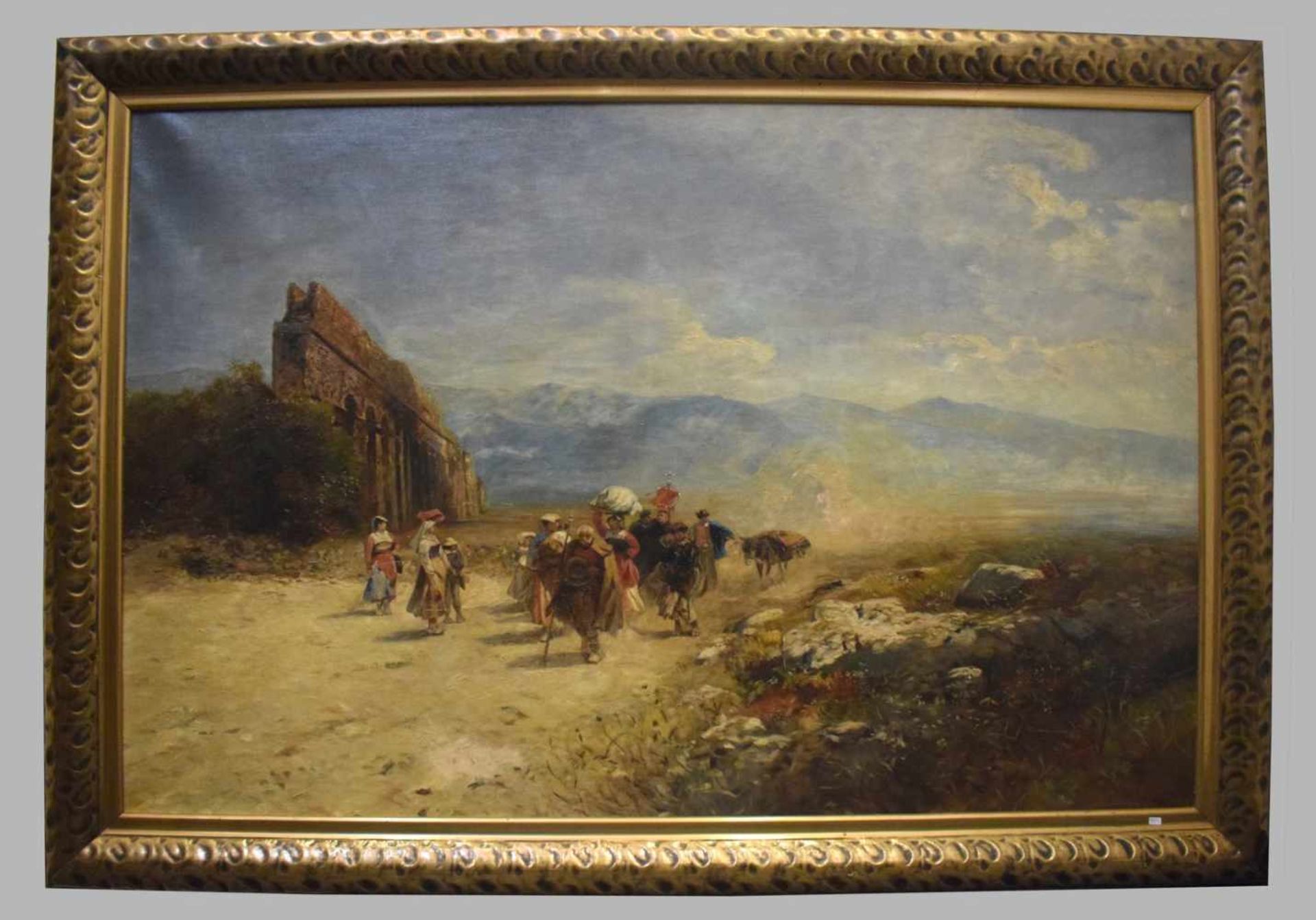 Unbekannter Maler 19. Jh., italienische Prozession, mit Figurenstaffage und altem Viadukt, Öl/