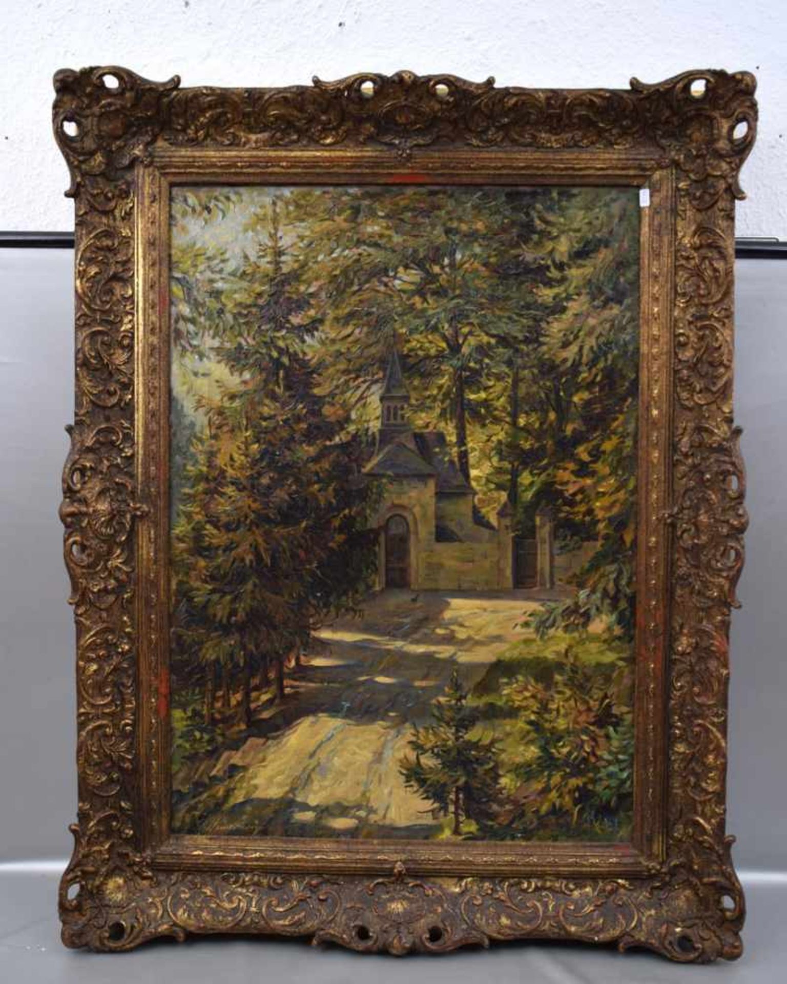 Unbekannter Maler um 1900, Kapelle im Wald, mit Feldweg, Öl/Lwd., u.l.sign., 50 X 70 cm, Rahmen