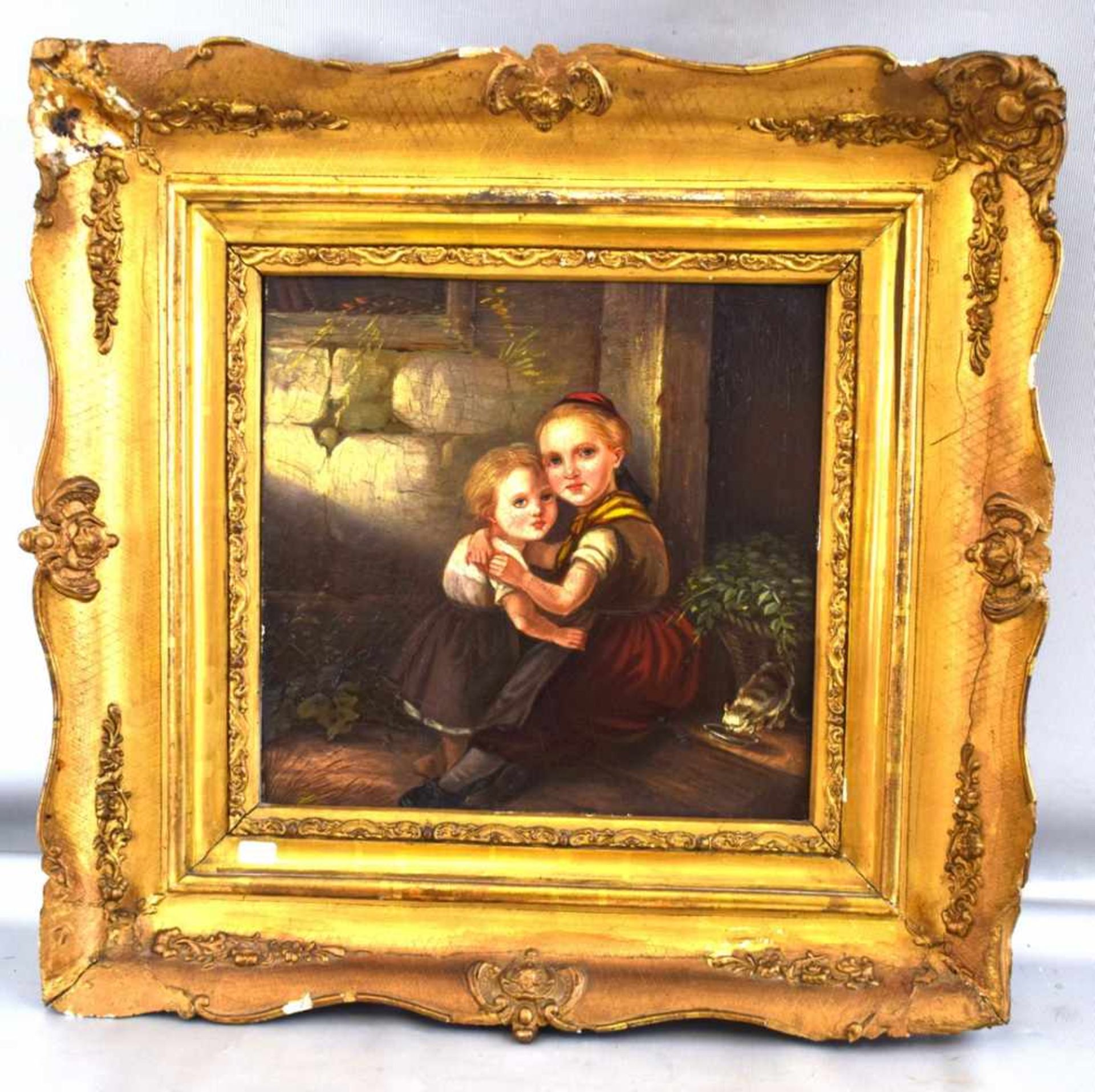 Unbekannter Maler 1. Hälfte 19. Jh., Geschwisterpaar vor Haus, mit kleiner Katze, Öl/Holz, 26 X 26