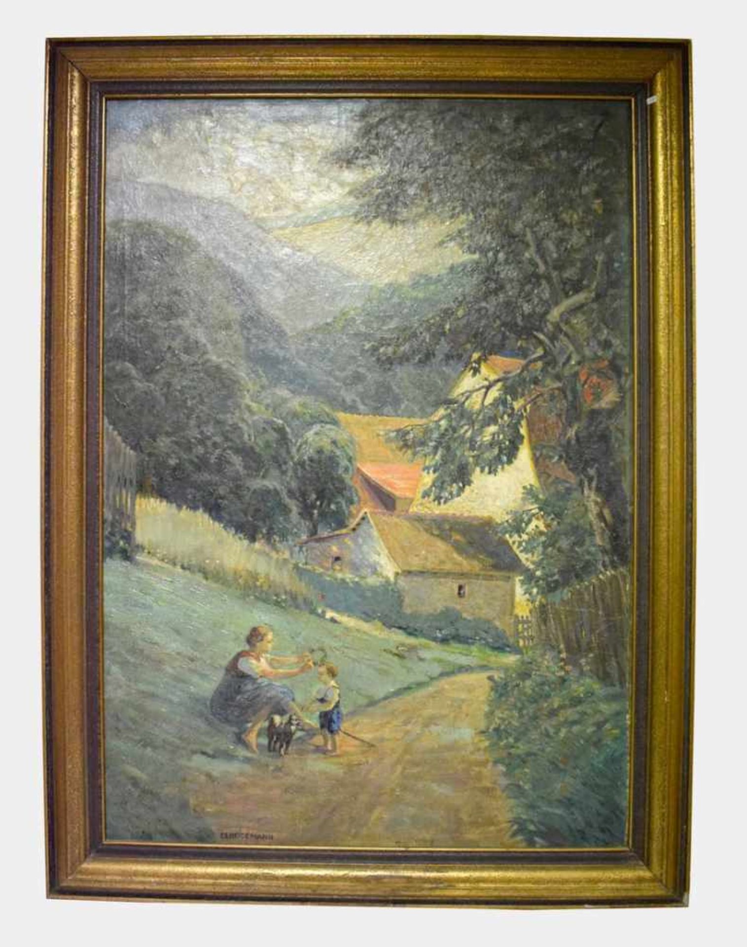 E. E. Heidemann 19. Jh., Dorfstraße mit Mutter und Kind bei der Rast am Wegrand, im Hintergrund