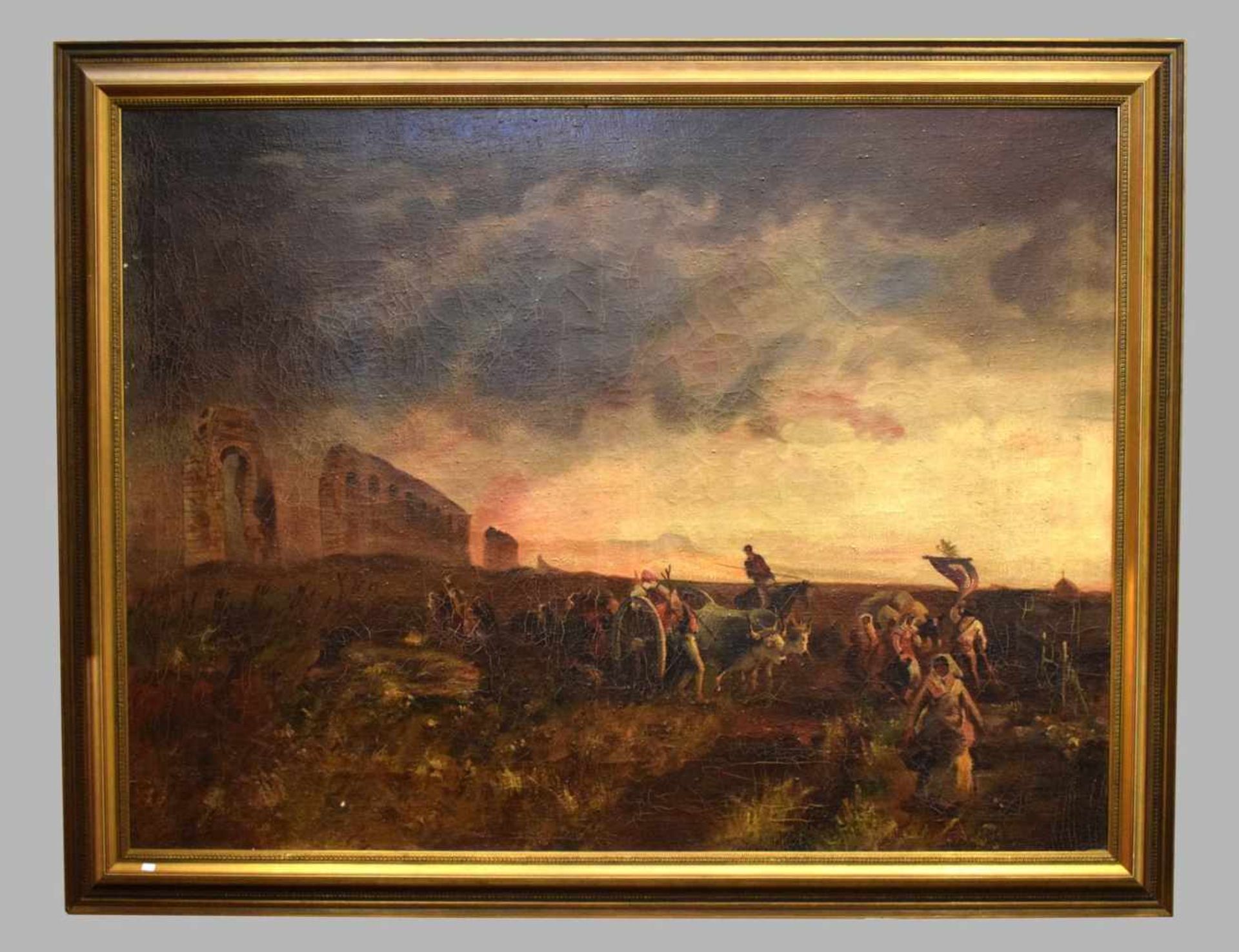 Unbekannter Maler 19. Jh., italienische Bauern bei der Arbeit, mit Ochsenkarren, im Hintergrund