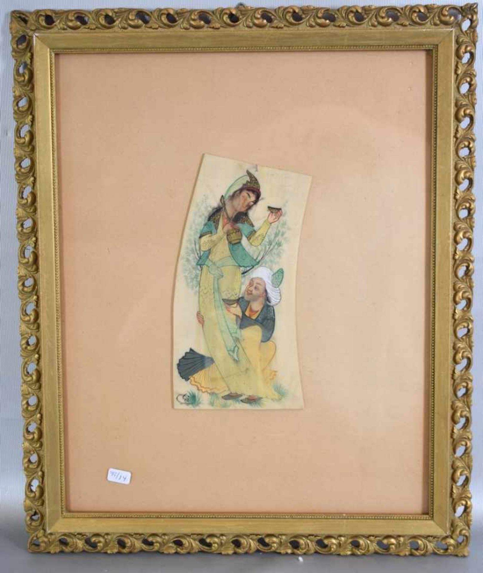 Asiatisches Bild Liebespaar, Öl/Bein, u.l.sign., 10 X 20 cm, im Goldrahmen, 35 X 43 cm
