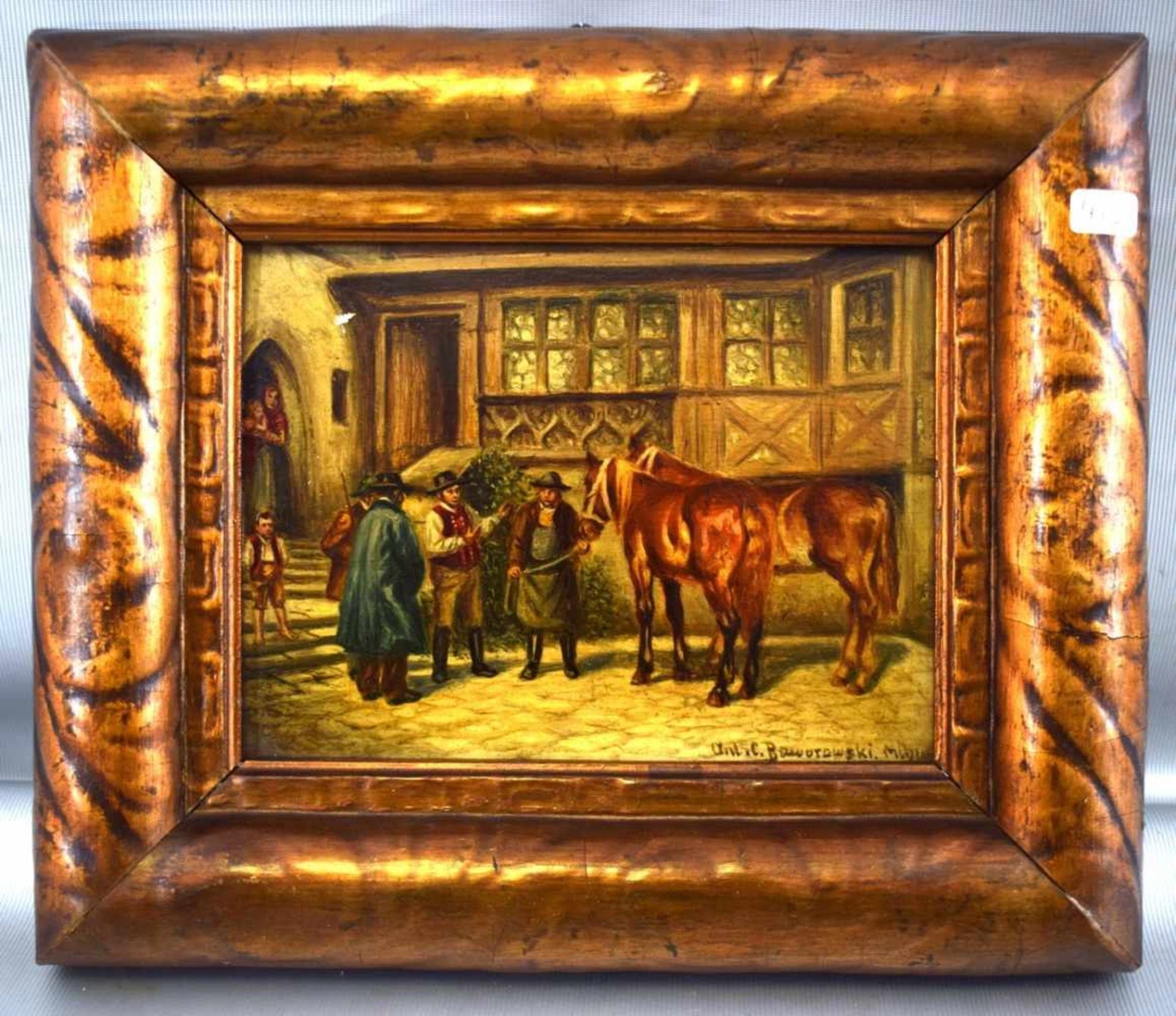 Anton Carl Baworowski 1853 Wien-1927 München, beim Pferdehändler, Öl/Holz, u.r.sign., 14 X 18 cm,