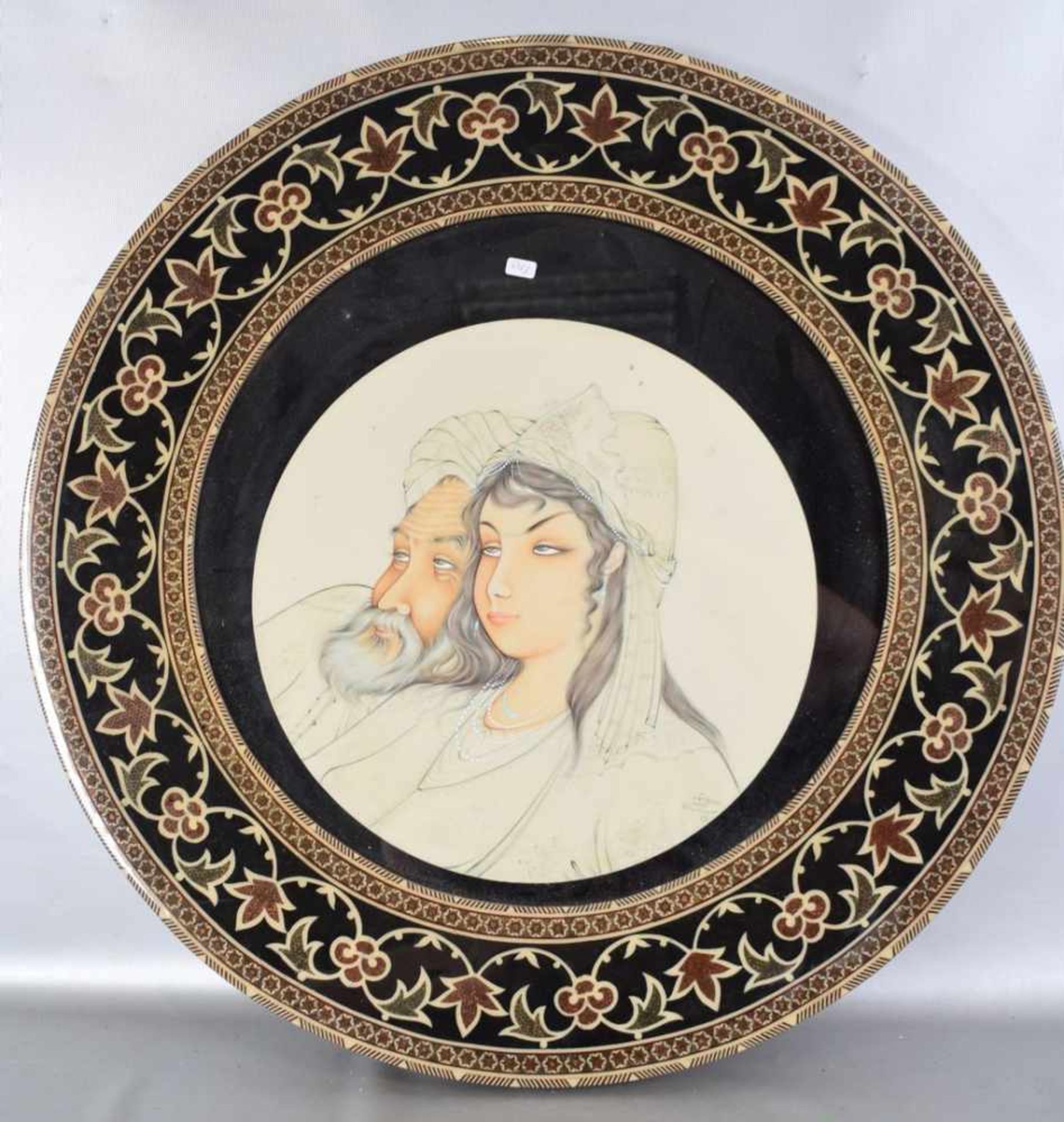 Orientalisches Paar rund, breiter, bunt verzierter Rahmen mit Blumen, Spiegel mit bärtigem Herrn und