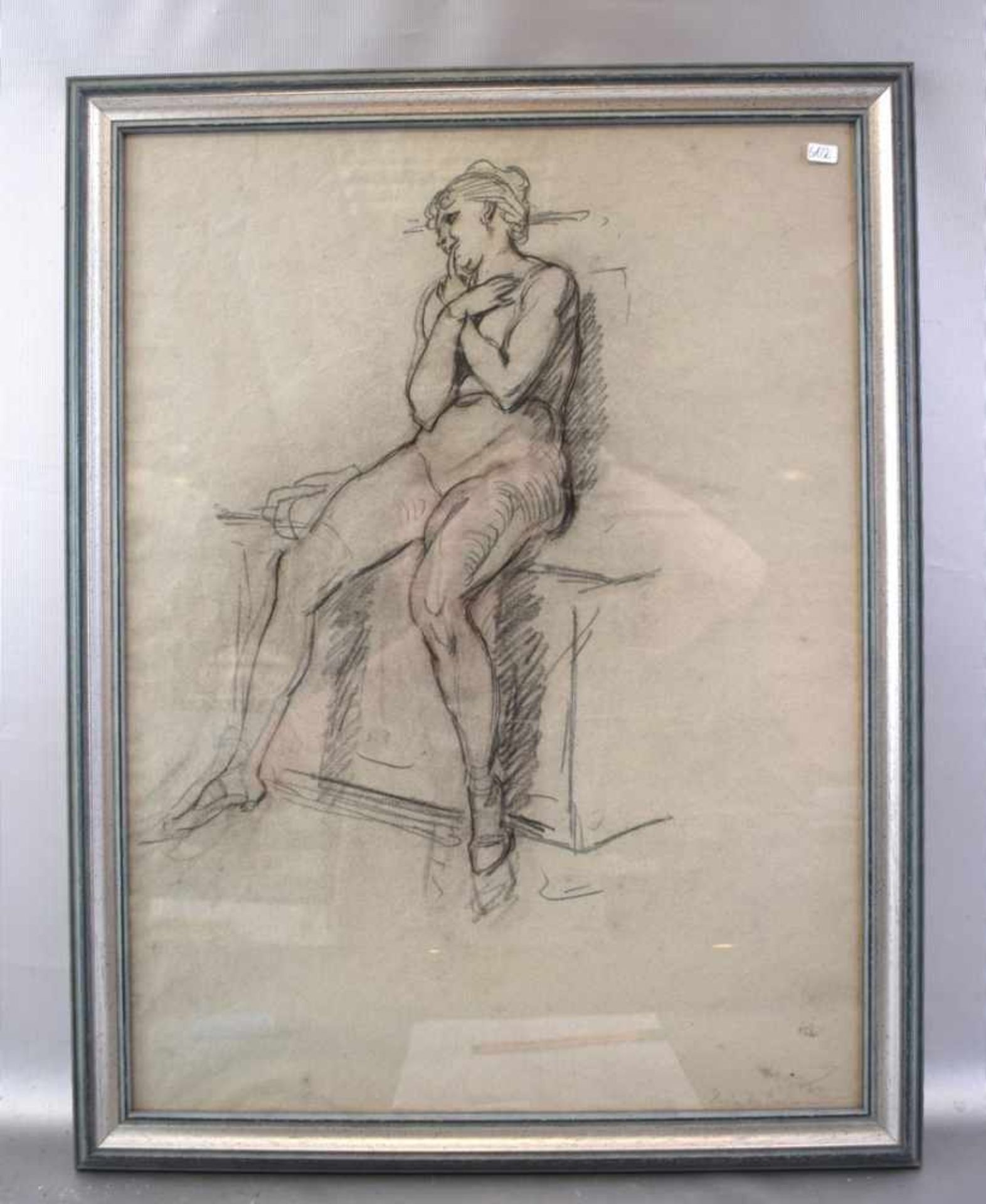 Bleistiftzeichnung Hinter den Kulissen, sitzender weiblicher Akt., u.r.bez., 42 X 57 cm, Rahmen