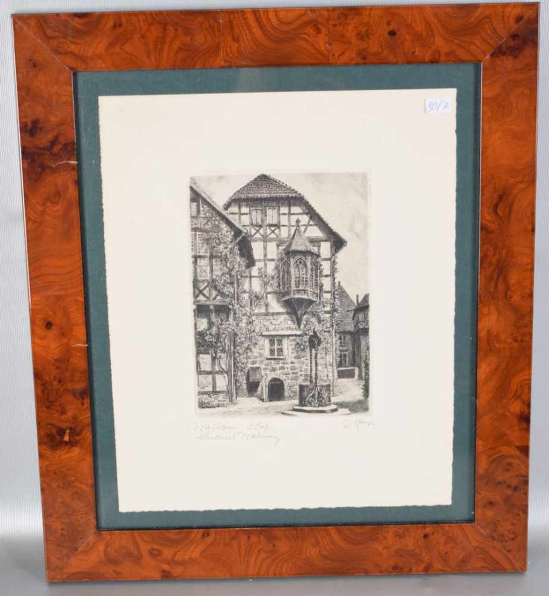 Radierung Hof der Wartburg, mit Luthers Wohnung, Blattgröße 13 X 18 cm, im Rahmen, 35 X 41 cm