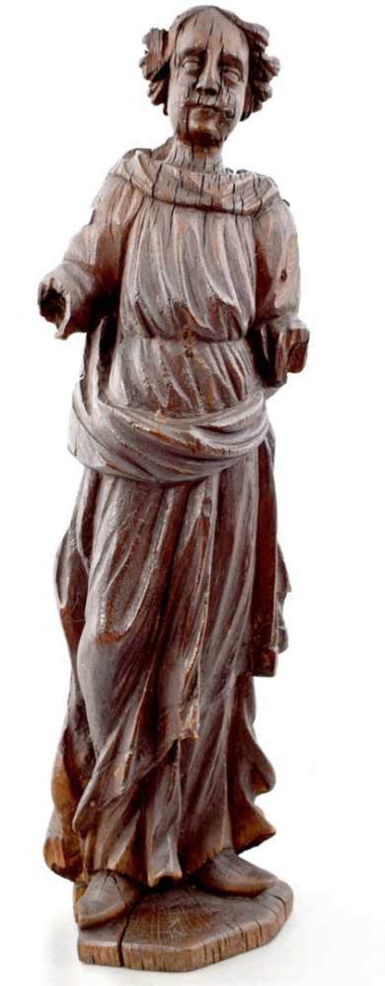 Heilige Katharina Eiche, geschnitzt, auf Sockel stehend, faltenreiches Gewand, H 61 cm, um 1600