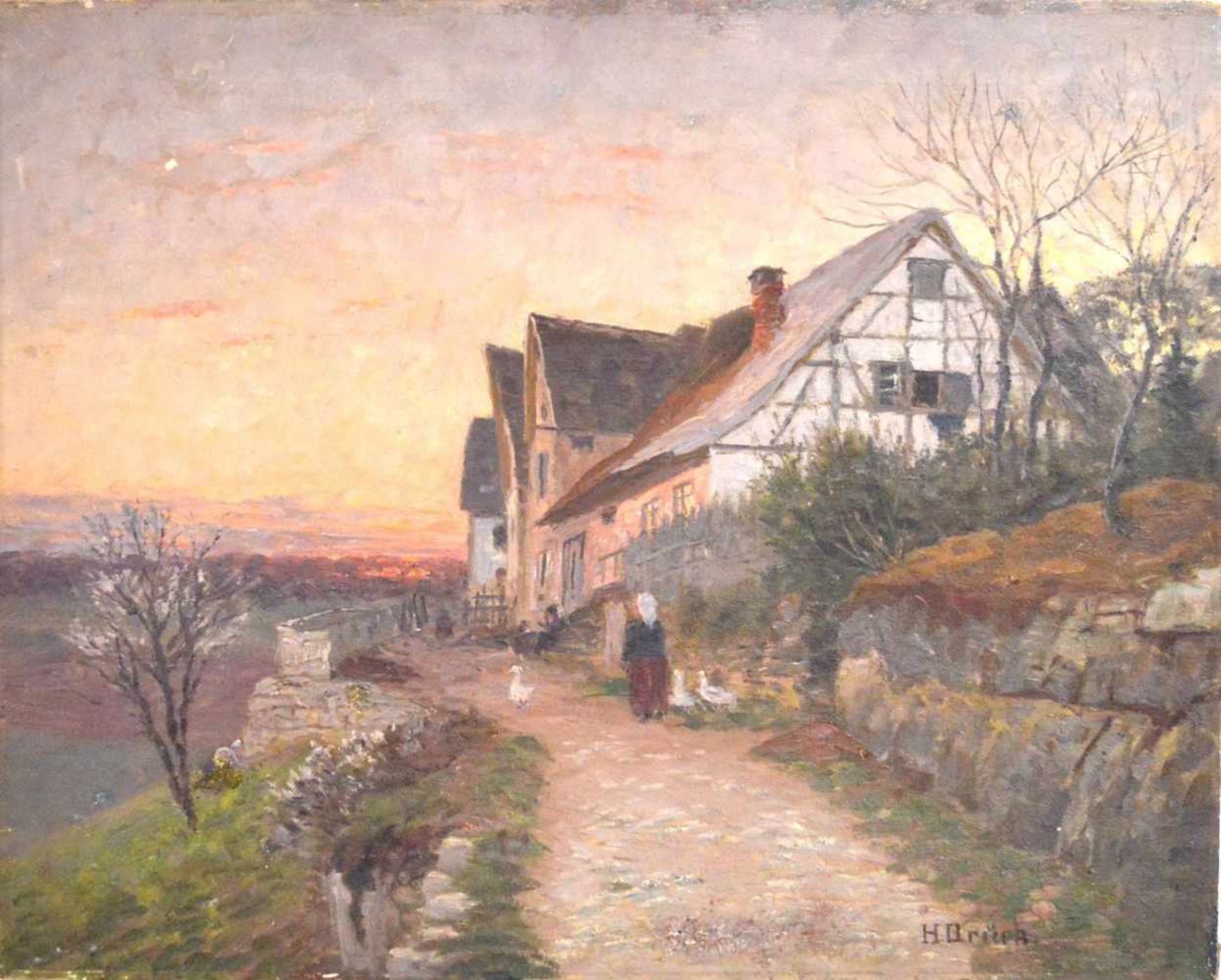 Hermann Drück 1856 Vaihingen-1931 Neckartailfingen, altes Bauernhaus am Fluss, Magd mit Gänsen am