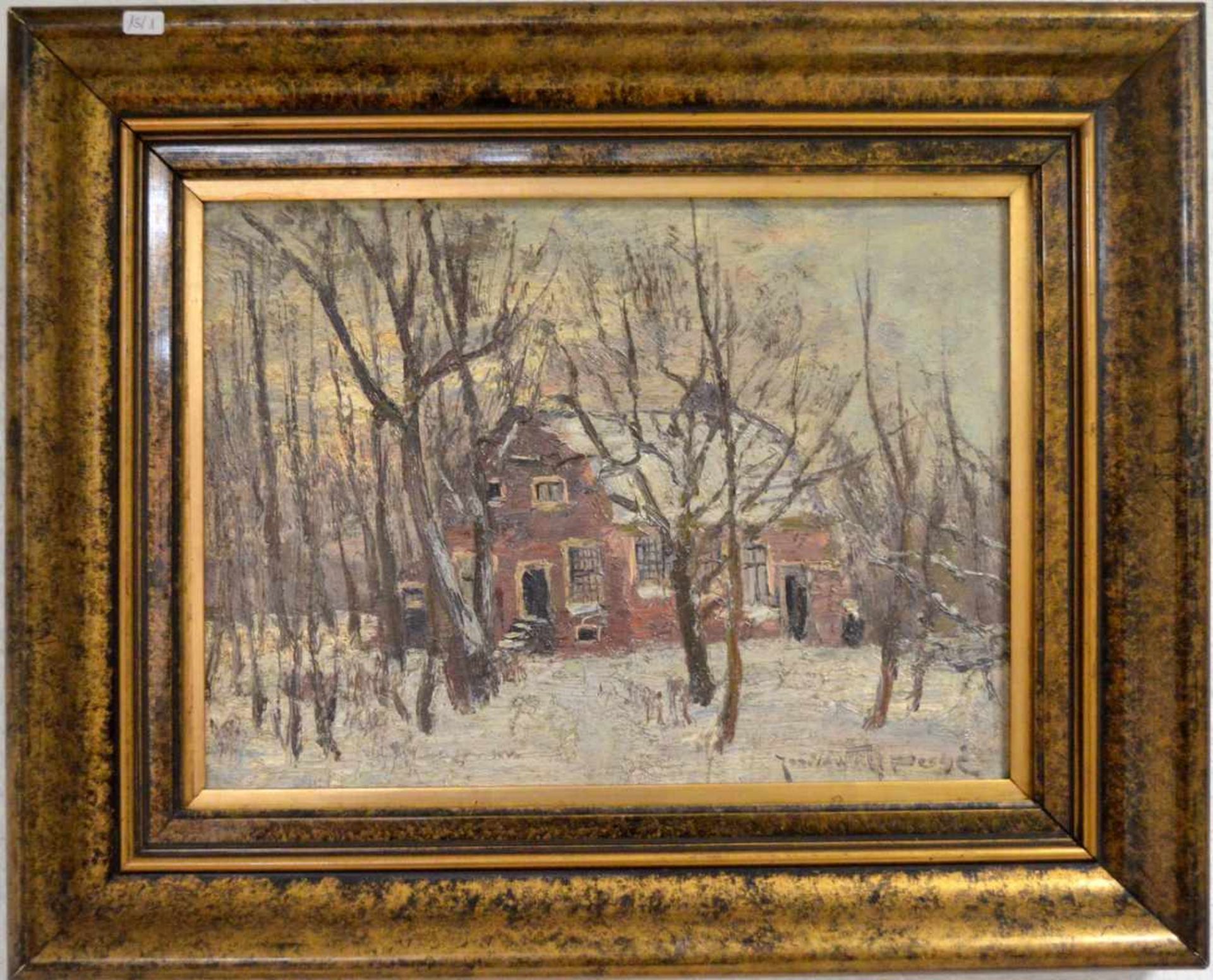 Josef Perne 1877-1941, altes Haus in winterlicher Landschaft, im Vordergrund kahle Bäume, Öl/