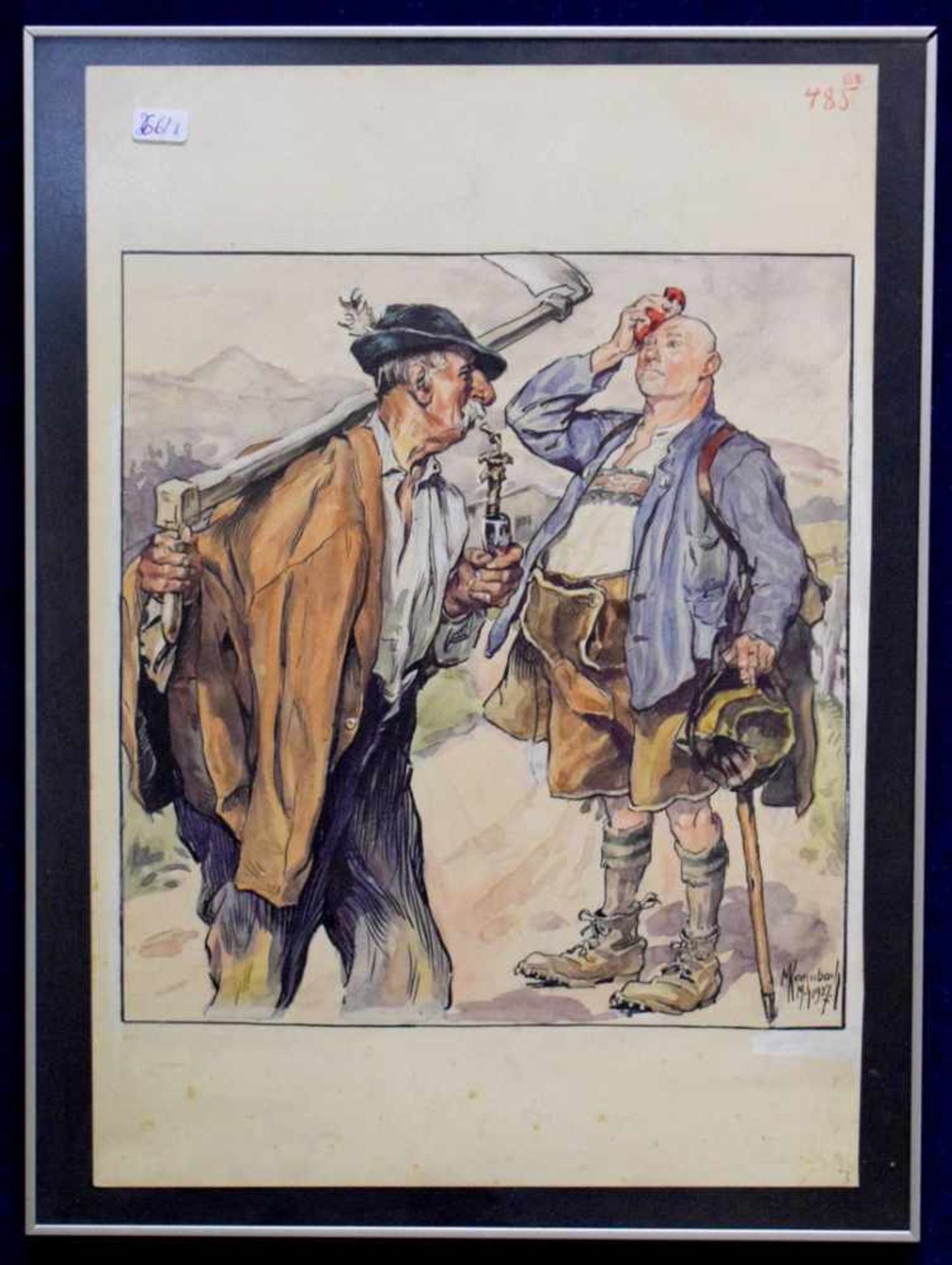 Aquarell Bauer und Wanderer, u.r.sign. Max Kronbach und dat. 1927, Blattgröße 25 X 35 cm, im