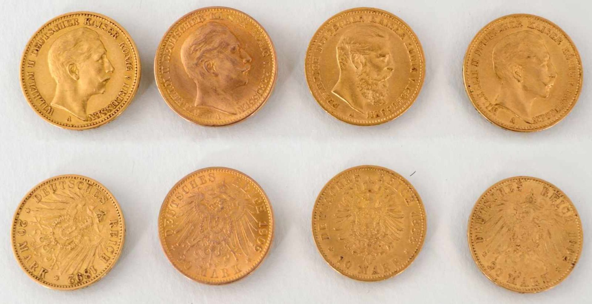 Vier 20 Mark Goldmünzen 31,8 g, 1888, 1906, 1892 und 1902