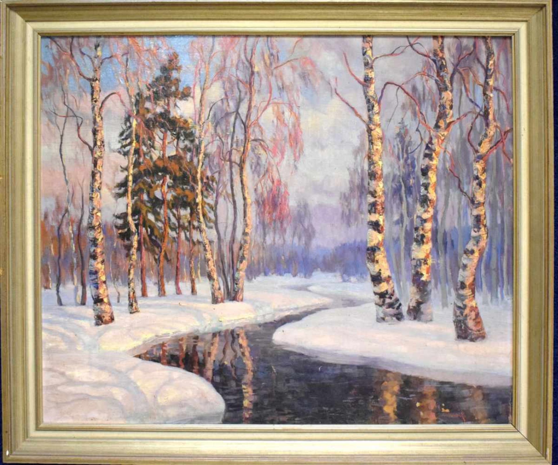 Unbekannter Maler 19. Jh., Wintertag mit untergehender Sonne, mit Bachlauf, Öl/Hartfaserplatte, u.