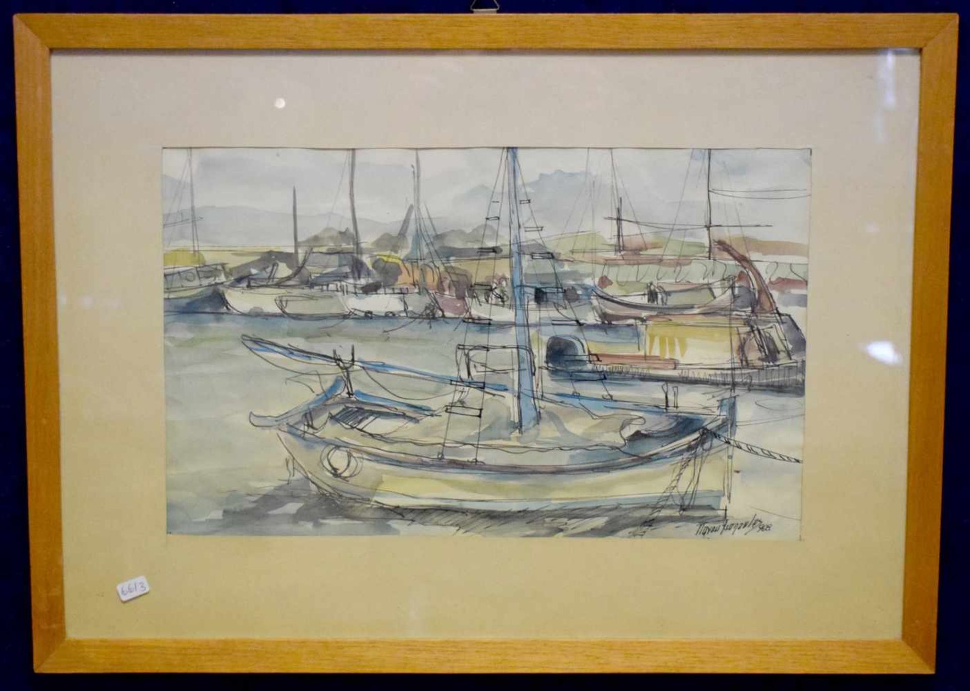 Aquarell/Tuschzeichnung Segelboote im Hafen, u.r.sign. und dat. 1968, Blattgröße 23 X 36 cm, im