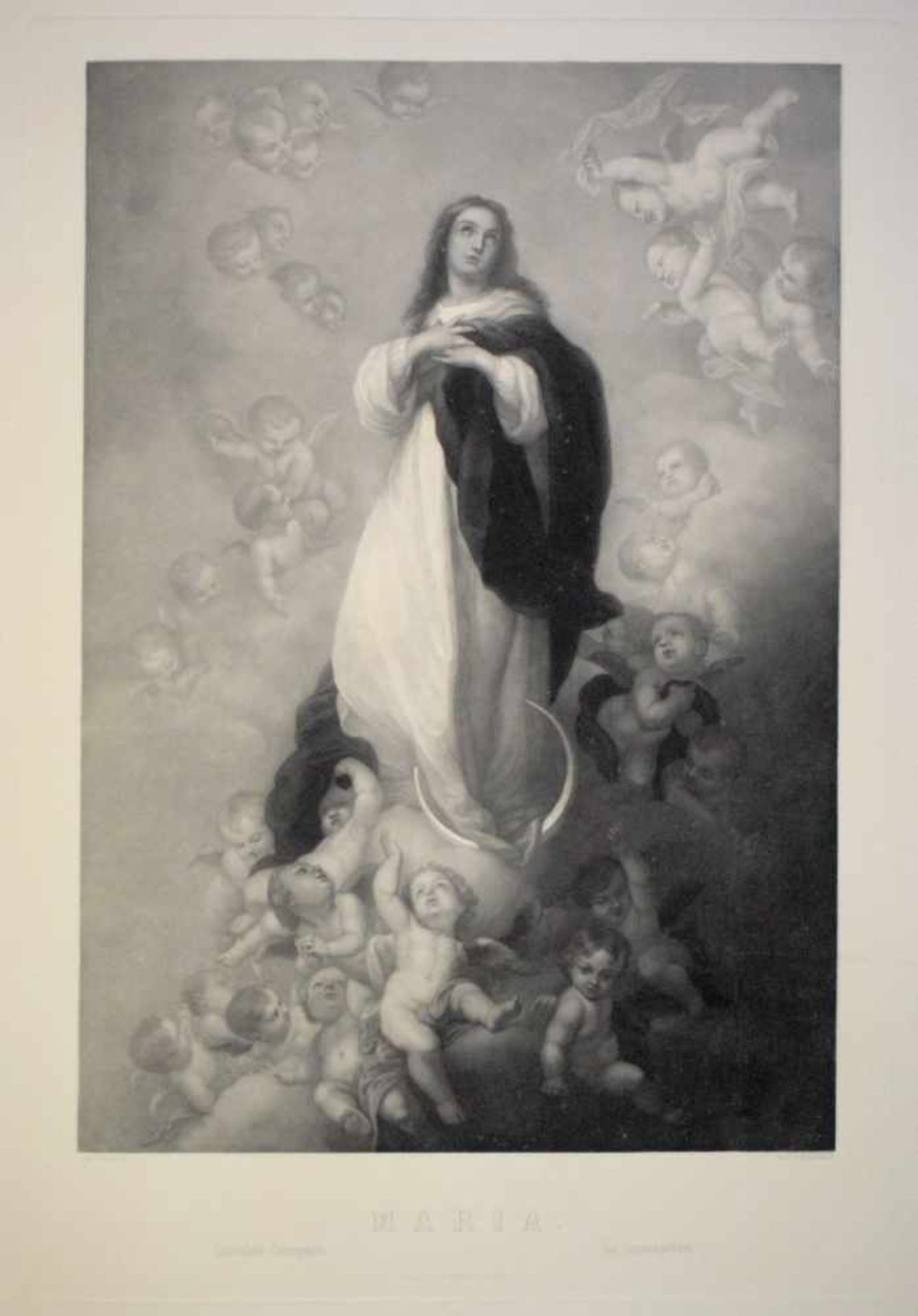 Stahlstich Madonna auf Wolkenbank, 44 X 65 cm, im Passepartout, ohne Rahmen