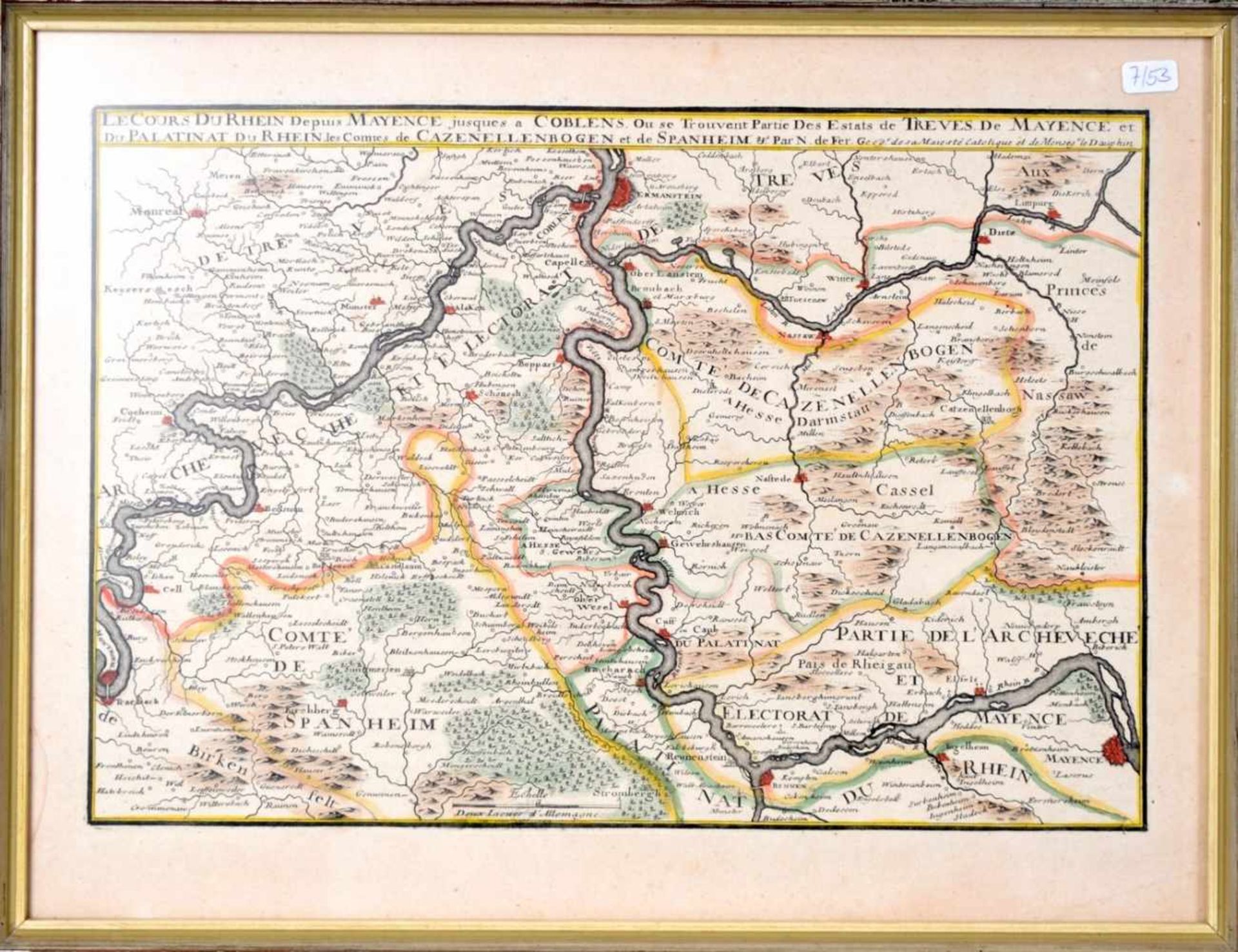 Kupferstich Landkarte, obere Mosel bis Cochem, teilweise coloriert, dat. 1705, Blattgröße 23 X 34