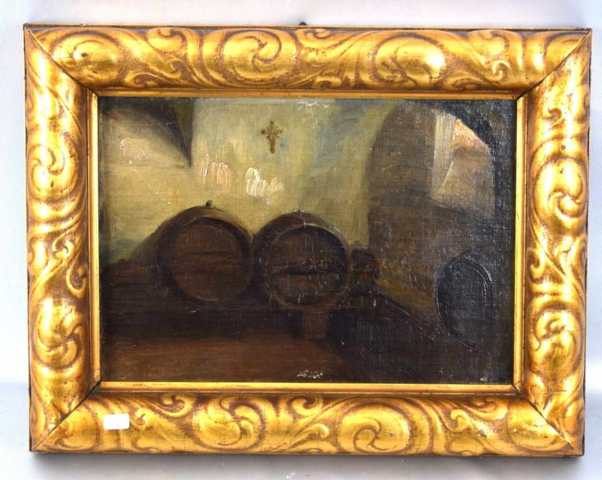 Unbekannter Maler Mitte 19. Jh., Weinfässer im Keller, Öl/Hartfaserplatte, 22 X 31 cm, Rahmen