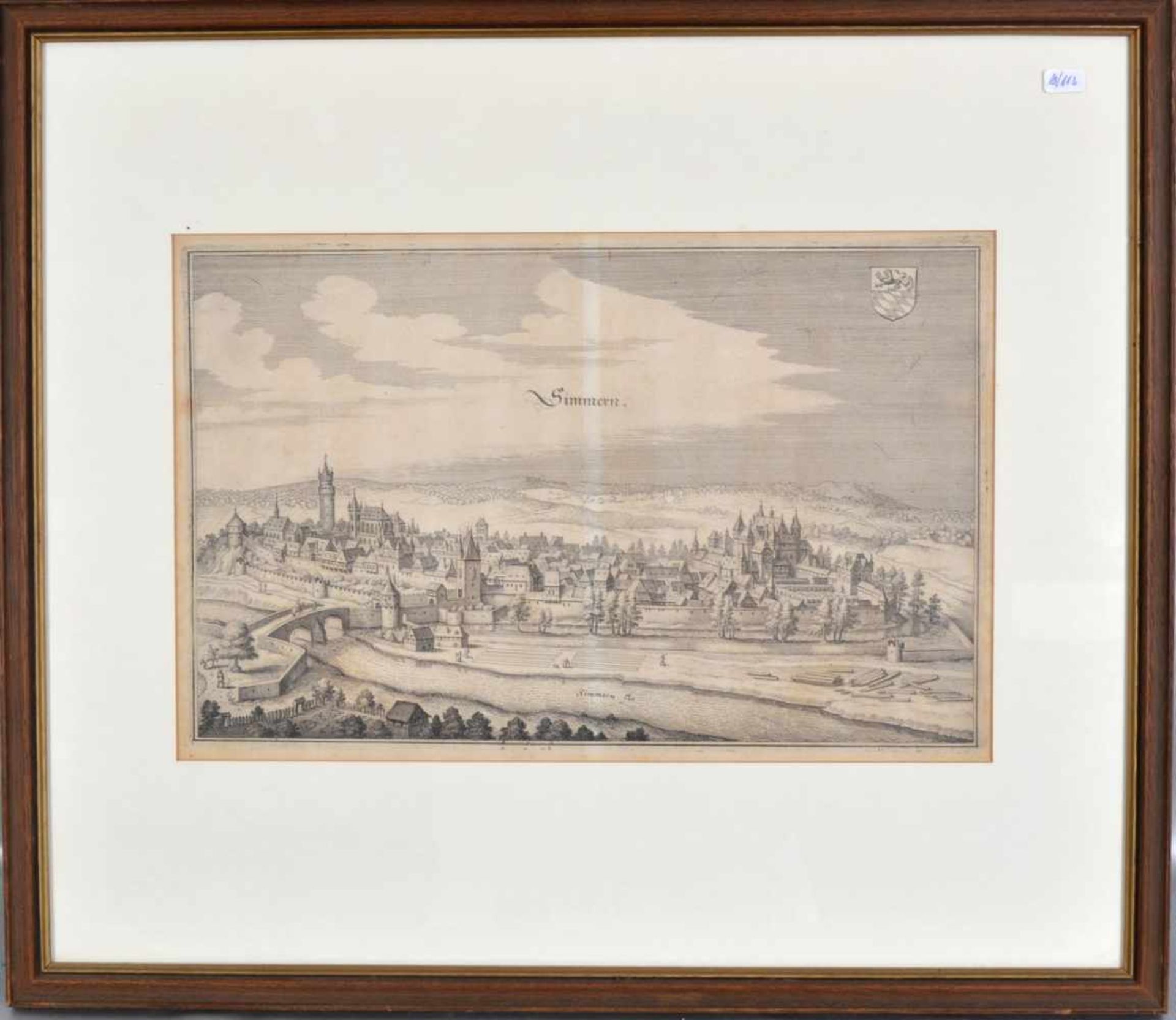 Kupferstich Ansicht von Simmern im Hunsrück, Blattgröße 23 X 35 cm, im Rahmen, 44 X 51 cm, 17. Jh.
