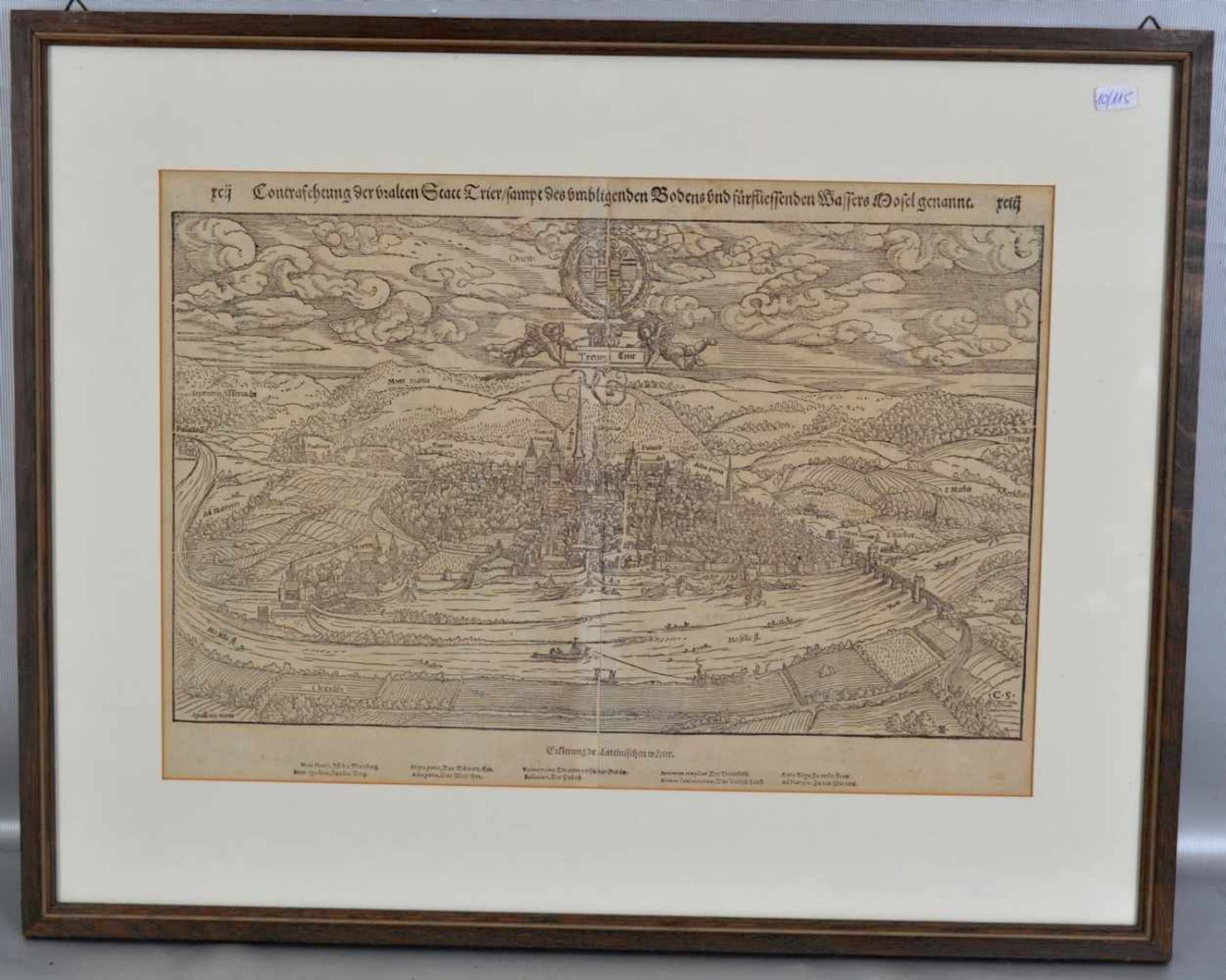 Kupferstich Ansicht von Trier, rückseitig beschriftet und dat. 1548, Blattgröße 27 X 38 cm, im