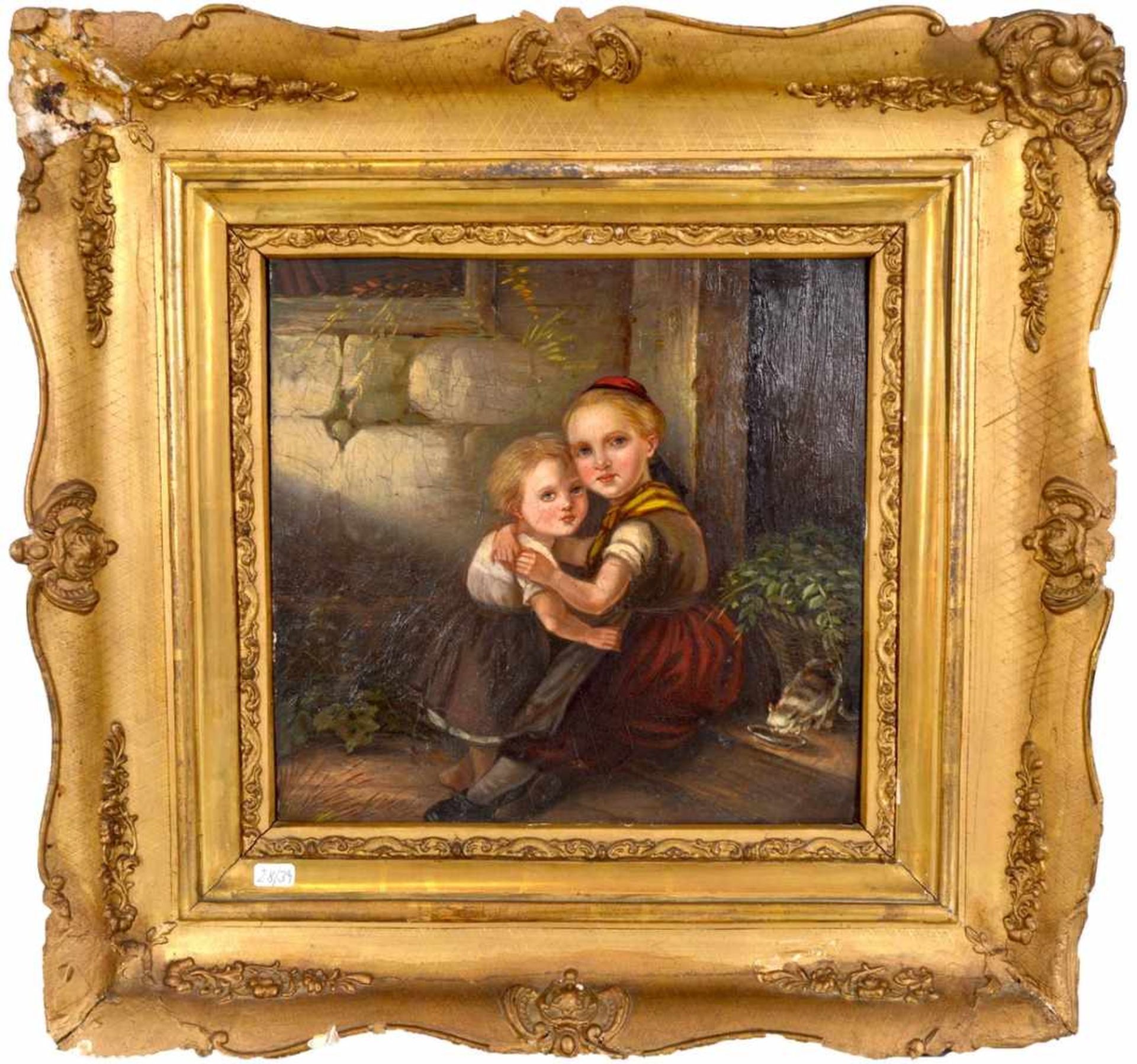 Unbekannter Maler Mitte 19. Jh., Geschwisterpaar vor Haus sitzend, mit kleiner Katze, Öl/Holz, 26