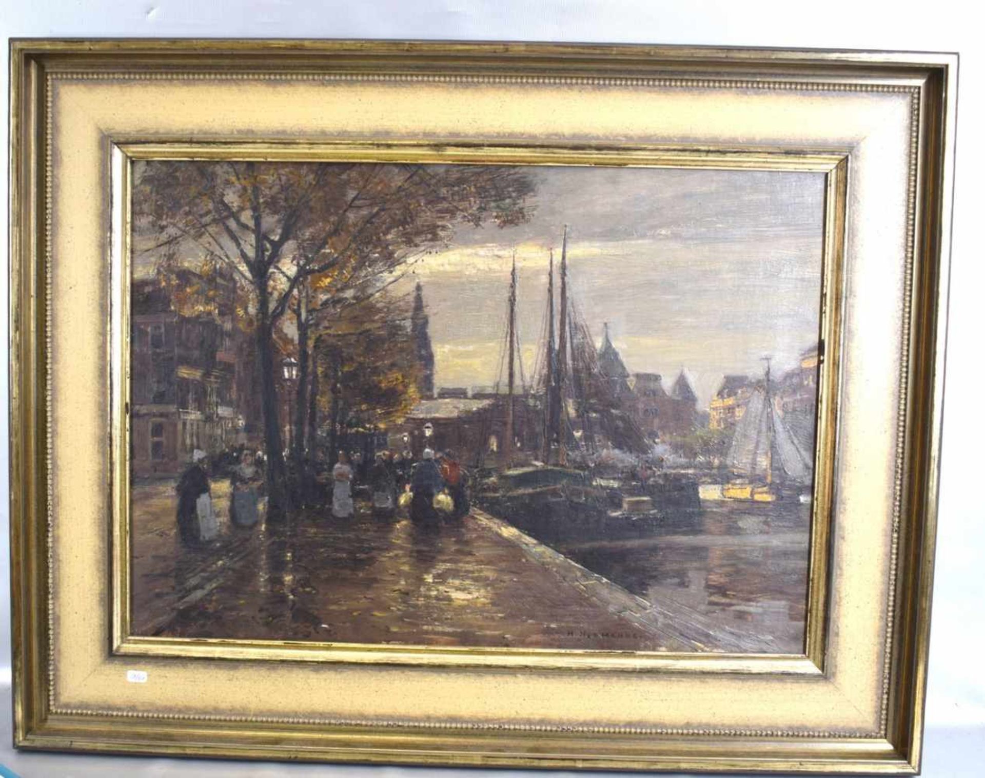 Heinrich Hermanns 1862-1942 Düsseldorf, holländischer Markt am Pier mit Figurenstaffage, Öl/Lwd.,