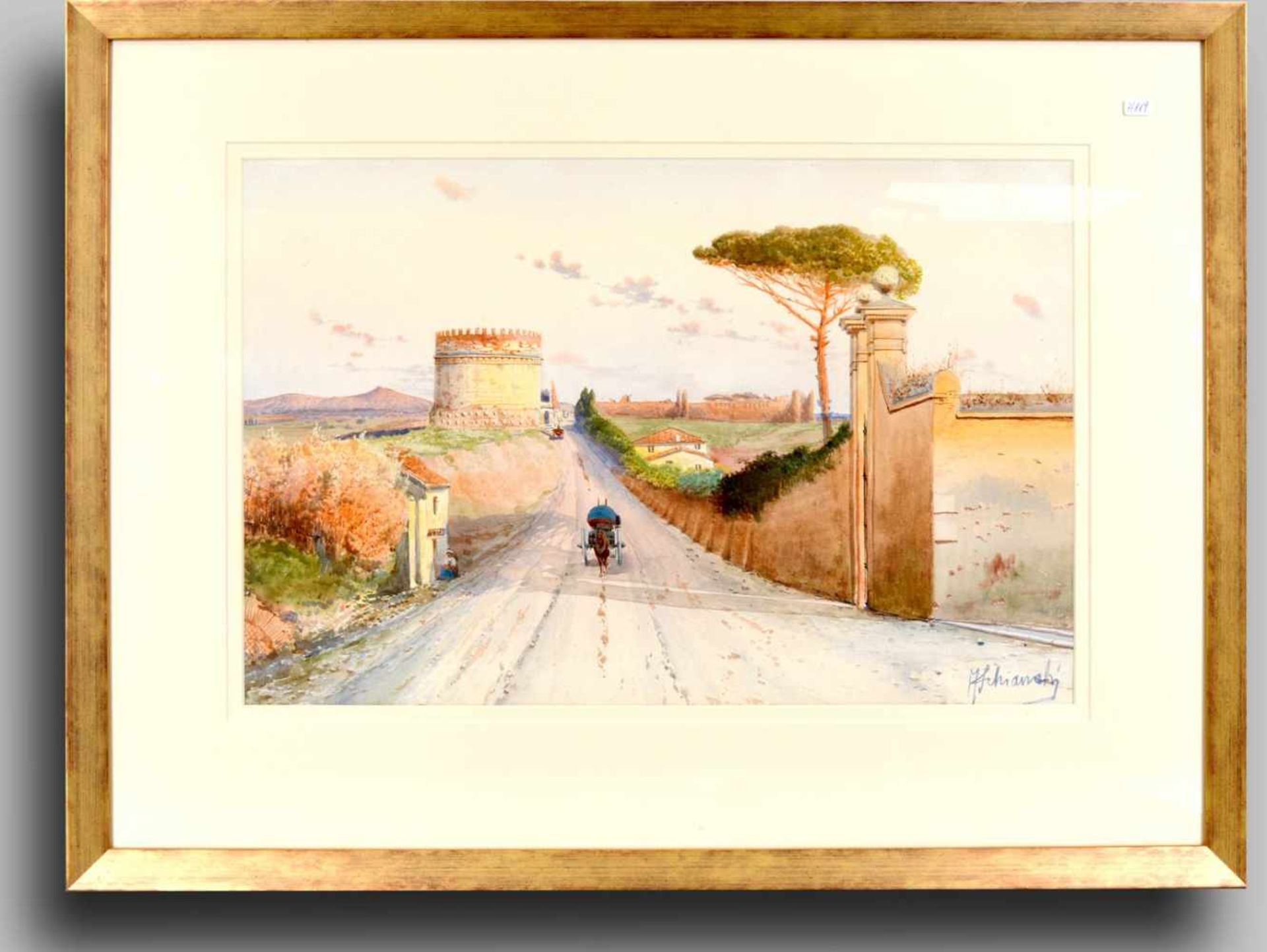 Aquarell italienische Landschaft, mit großem Turm und breitem Weg, u.r.sign. Federico Schianchi (