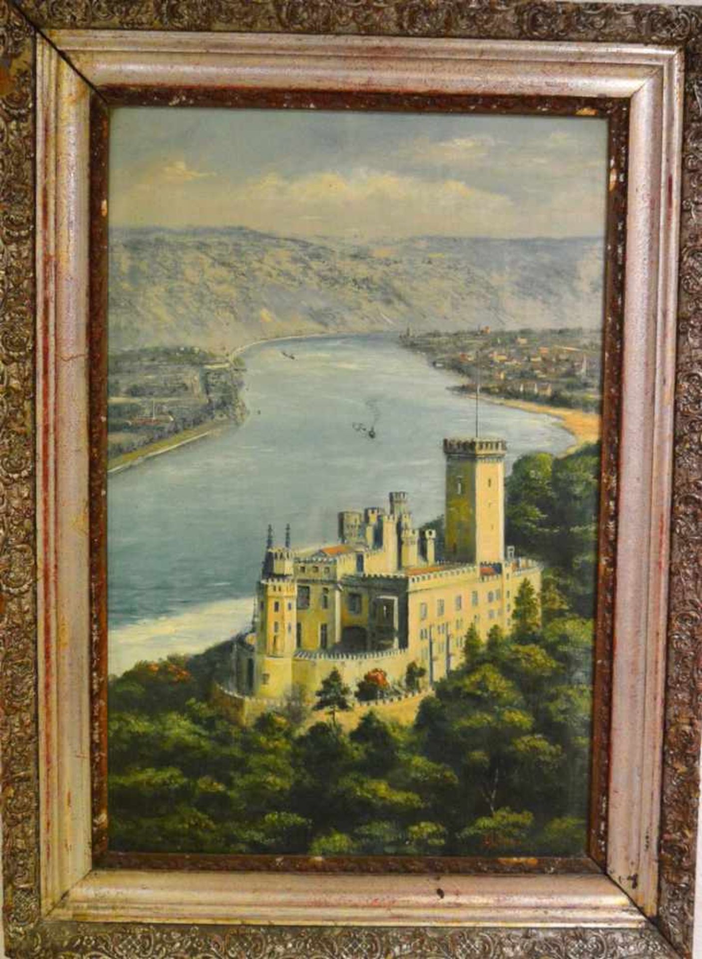 Afw. Keppmann um 1900, Ansicht von Schloss Stolzenfels mit Rheinlauf, Öl/Hartfaserplatte, 43 X 63