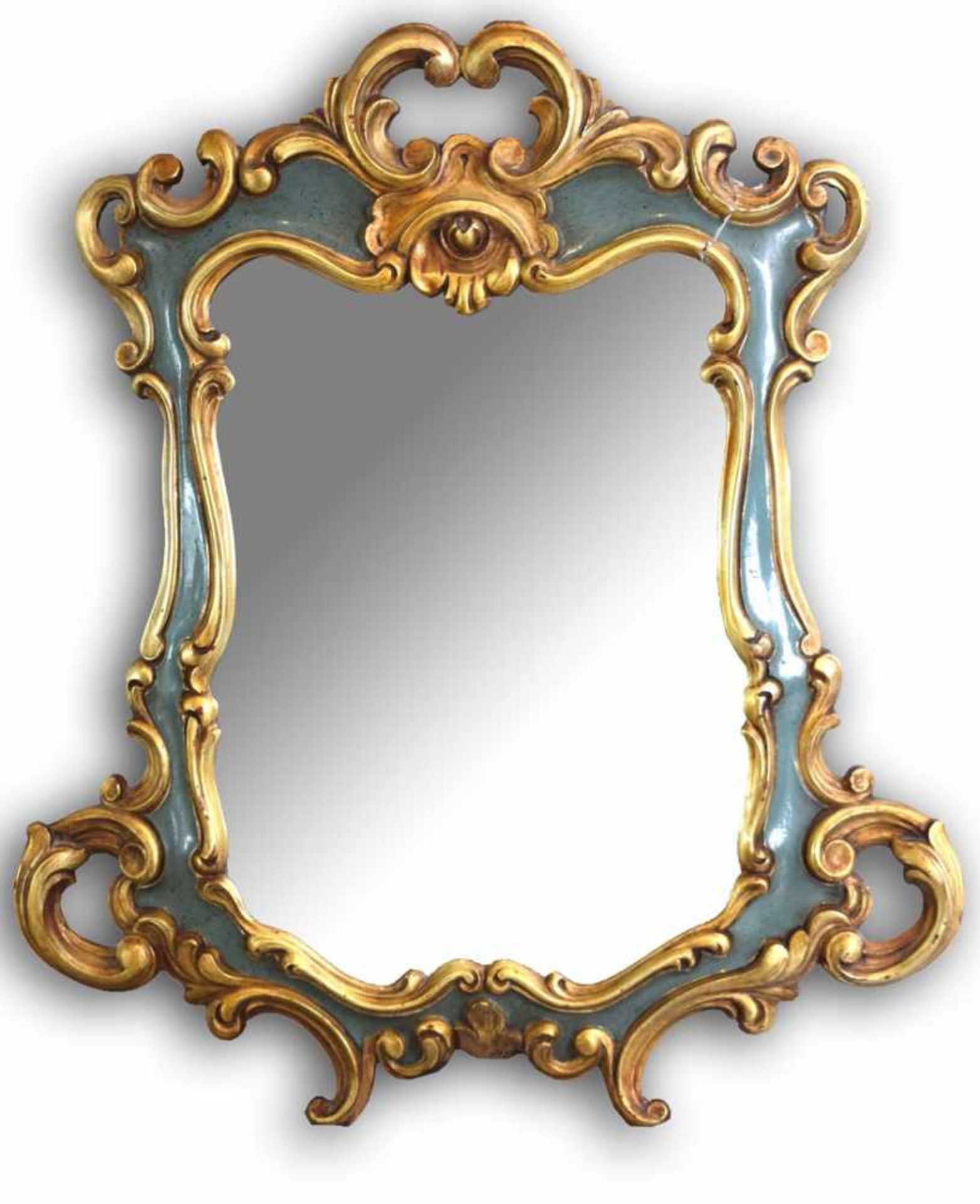 Spiegel im Rokoko-Stil, gold/grün gefasst, facettiert geschliffen, 46 X 51 cm