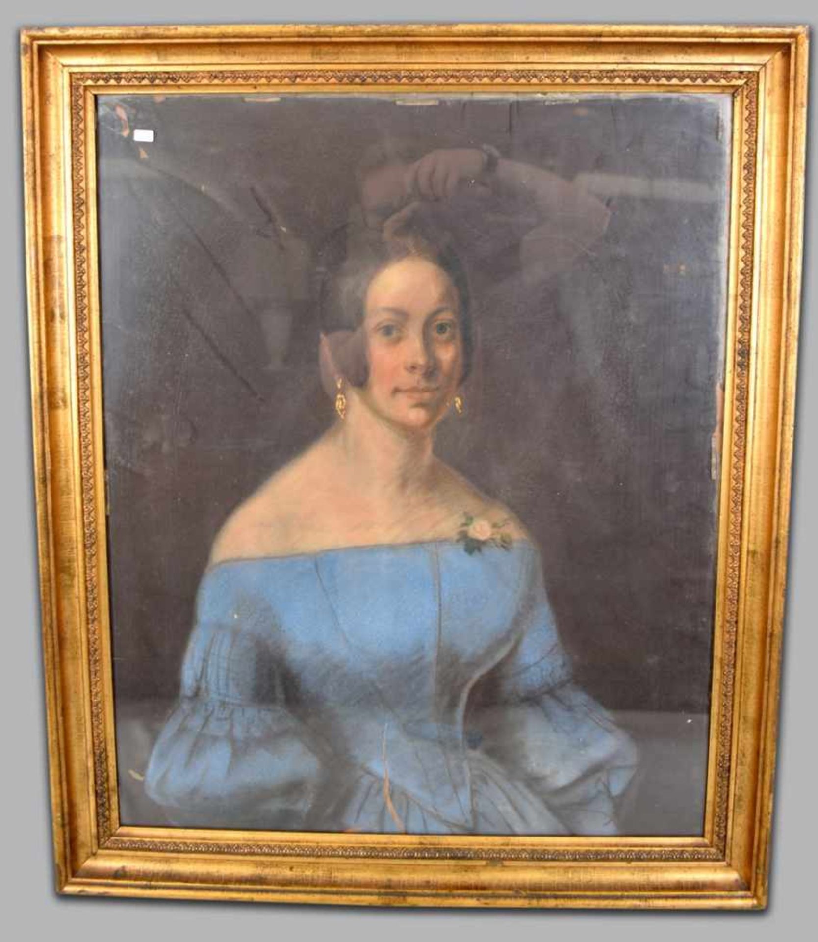 Pastellzeichnung Portrait einer eleganten Dame im blauen Kleid, besch., 57 X 70 cm, im Rahmen, 19.