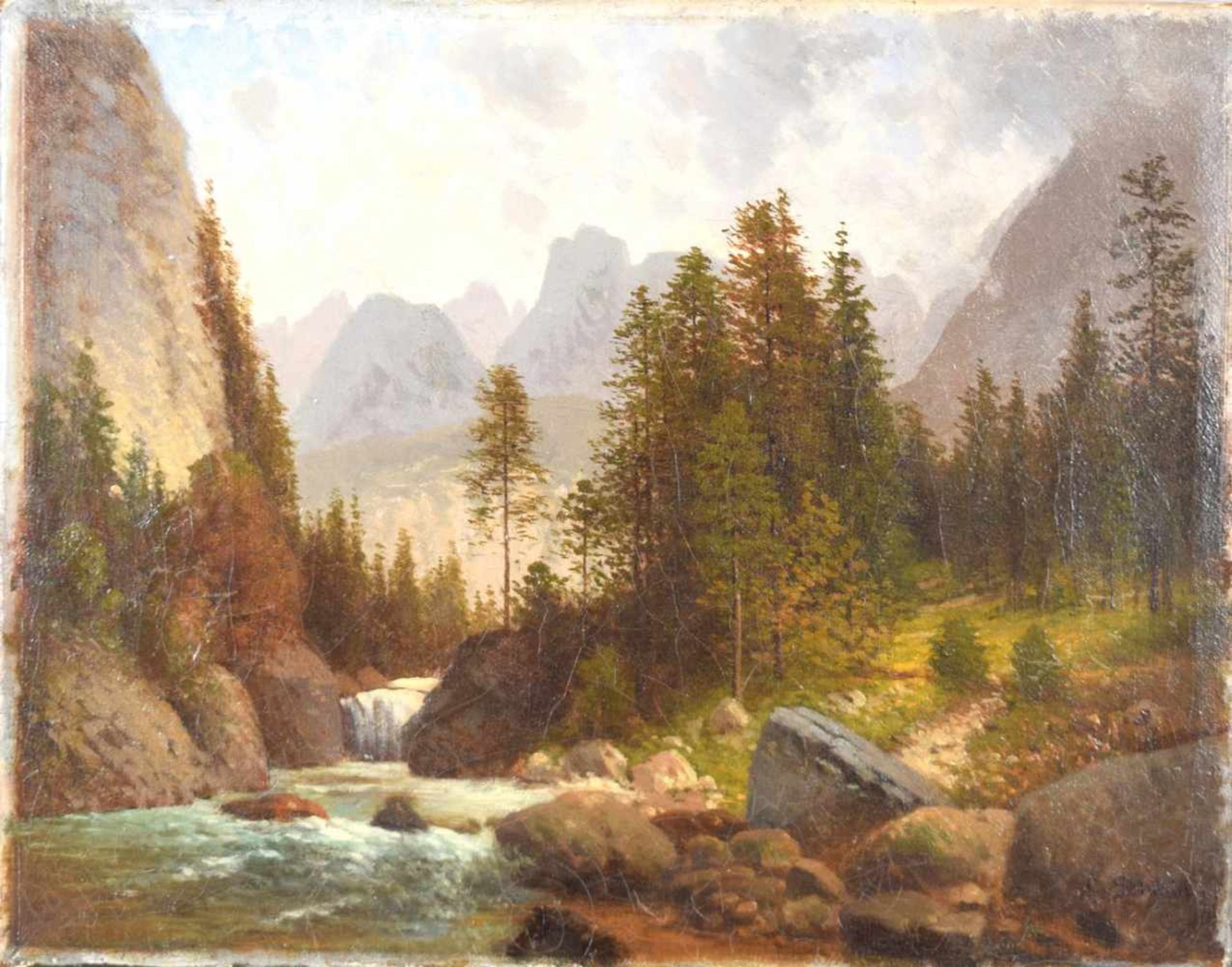 Karl Schmid 1837-1871 Wien, Feldweg zum Dachsteingebirge mit kleinem Wasserfall, Öl/Lwd., u.r.sign.,