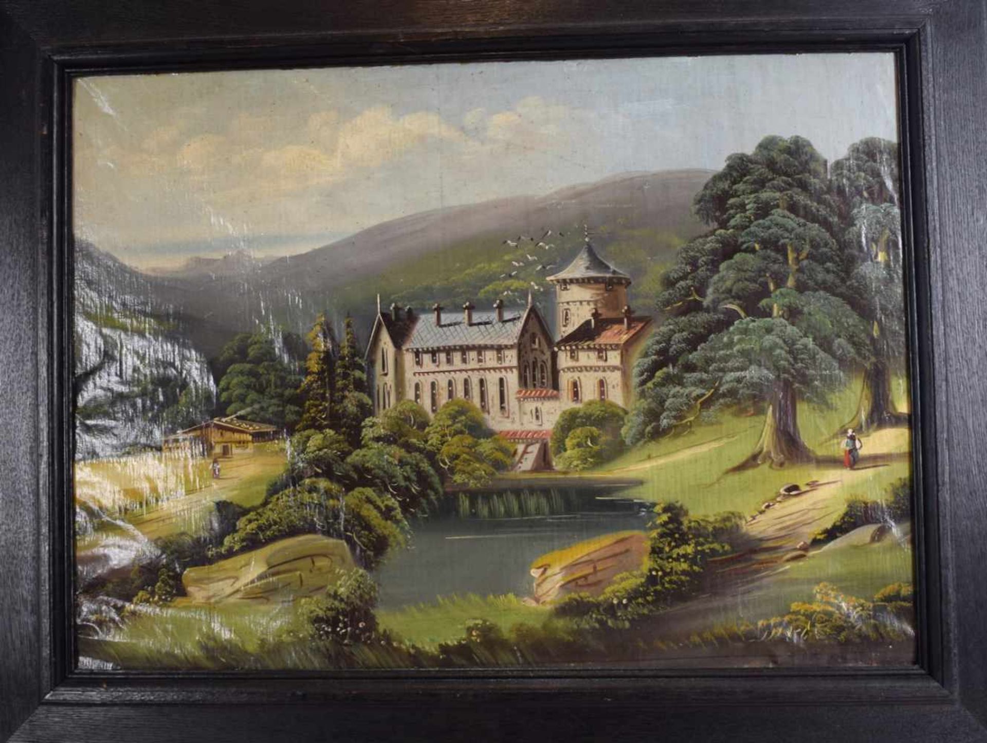 Unbekannter Maler um 1900, Schloss am Seeufer, mit Figurenstaffage, Öl/Lwd., 56 X 76 cm, Rahmen