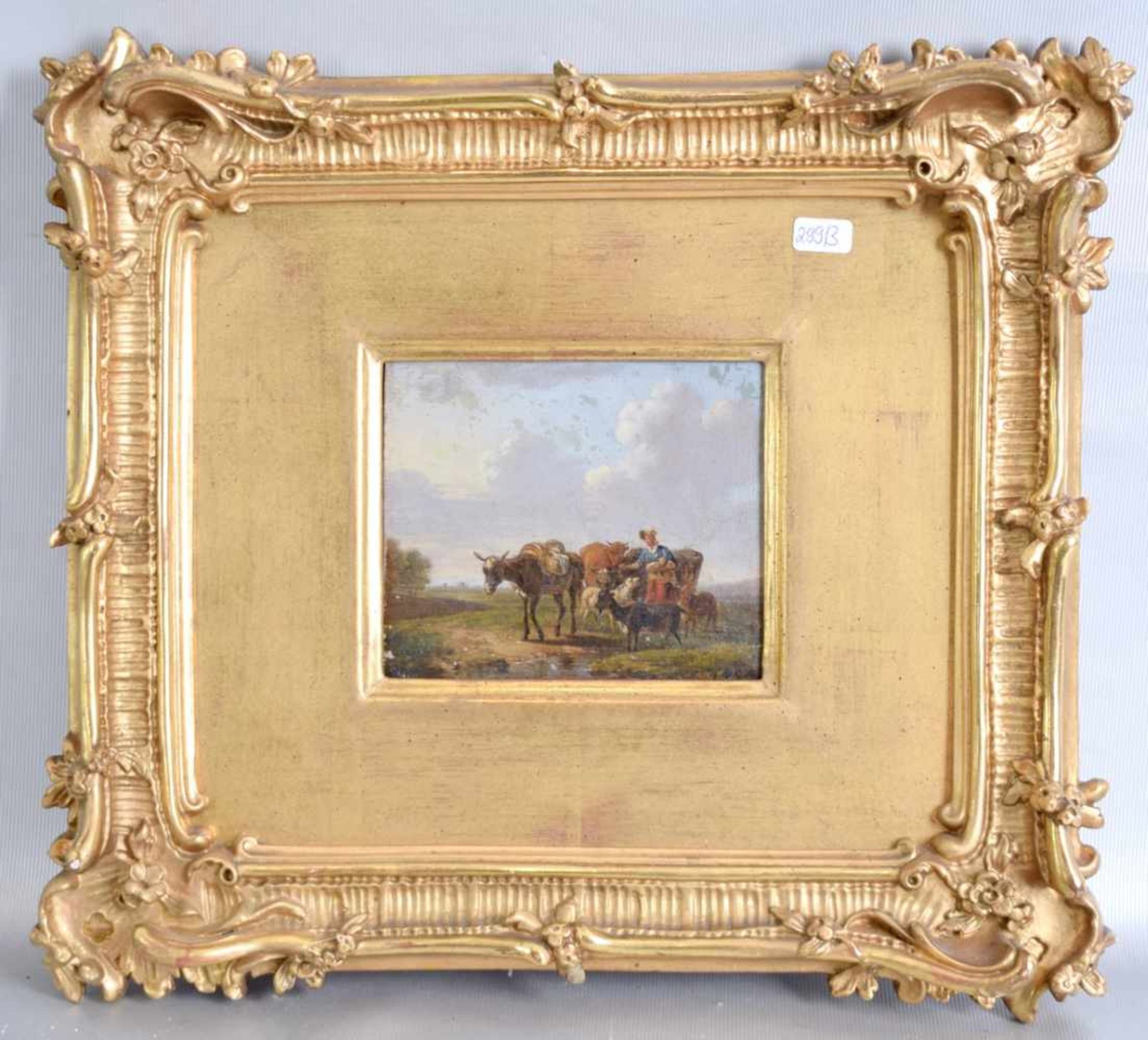 Monogrammist um 1800, italienische Landschaft mit Eselskarren und Ziegenhirtin mit Ziegen, Öl/