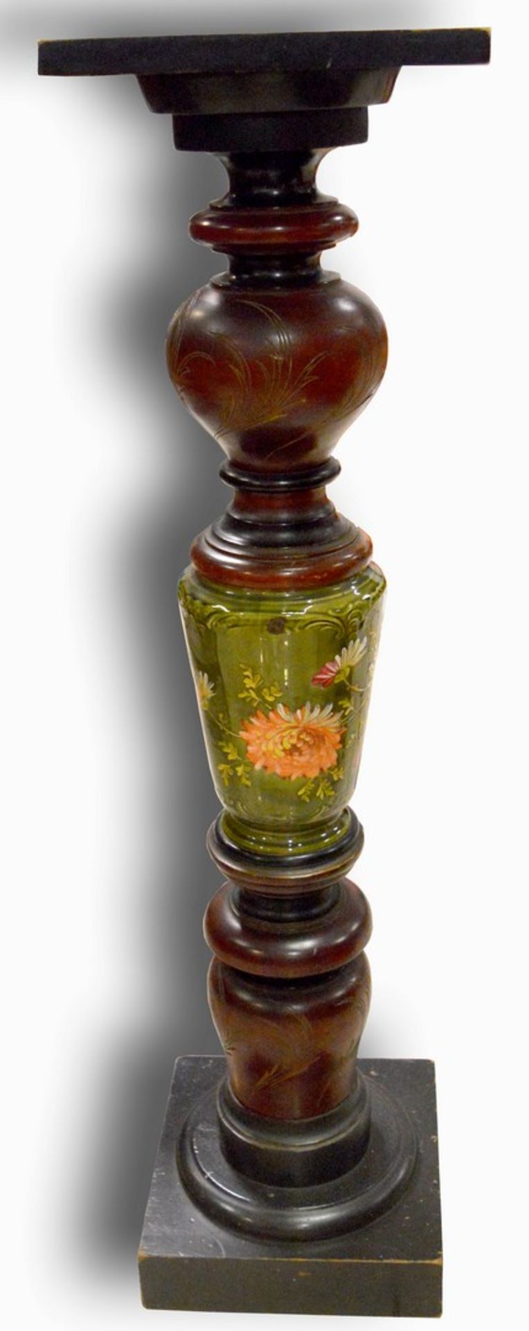 Gründerzeit-Blumensäule Hartholz, quadratischer Fuß, runder Säulenschaft, mit grünem Keramikeinsatz,