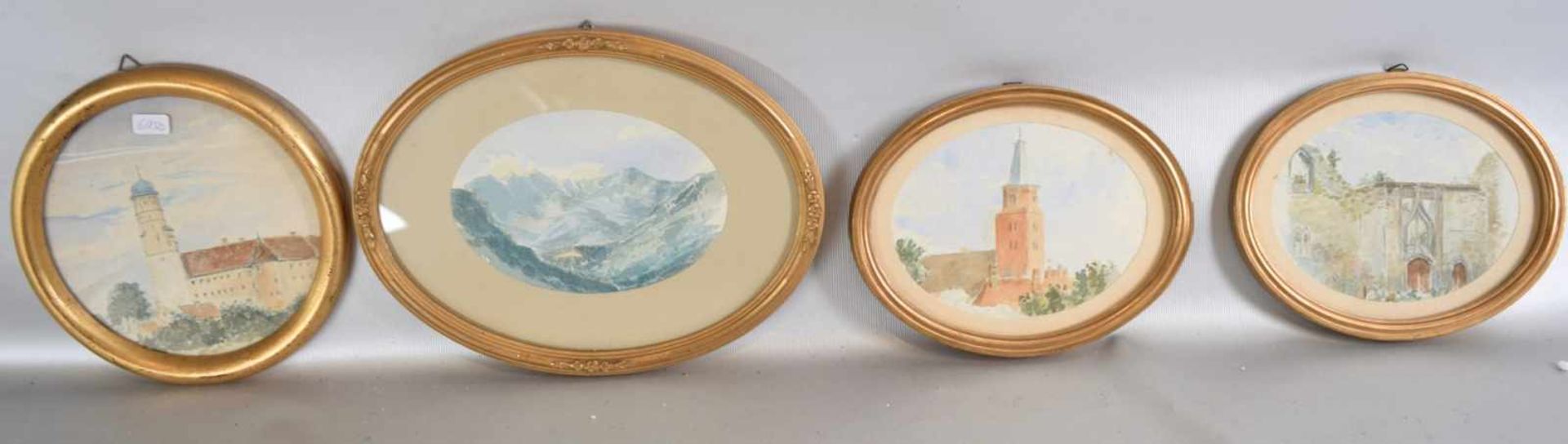 Konvolut vier Aquarelle verschiedene Ansichten, im runden bzw. ovalen Goldrahmen, Dm ca. 17-24 cm