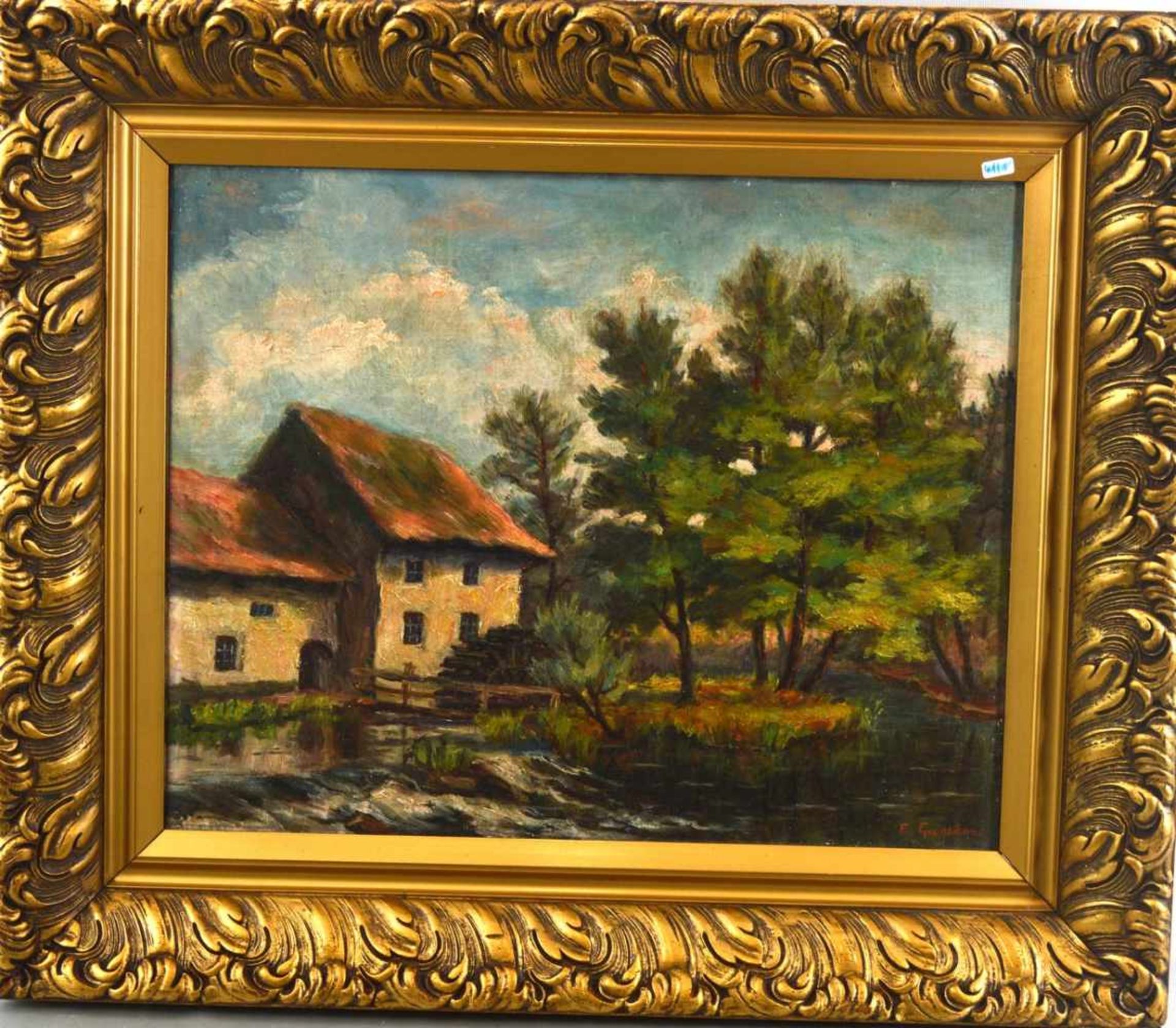 Unbekannter Maler 20. Jh., Bauernhaus mit Mühlrad am Ufer, Öl/Holz, u.r.sign., 39 X 49 cm,