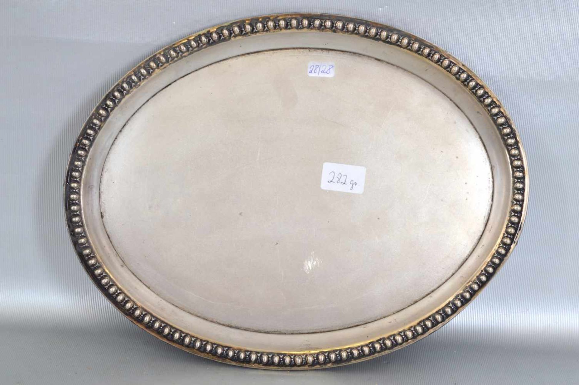 Tablett oval, Perlrand, 23 X 30 cm, 282 g, deutsch, 800er Silber