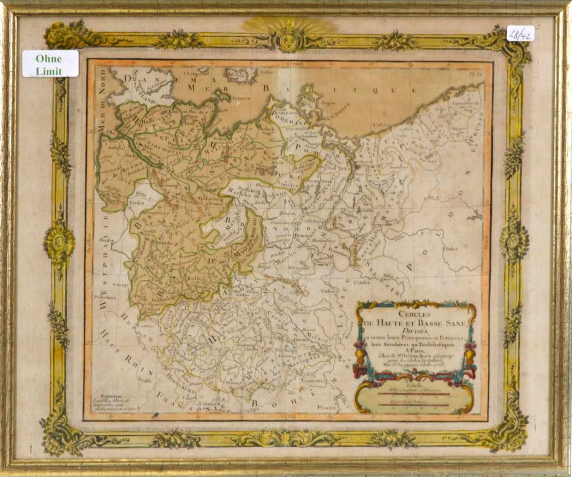 Landkarte Norddeutsche Küste mit Hamburg, coloriert, verziert, 27 X 31 cm, Rahmen, Paris, 1766