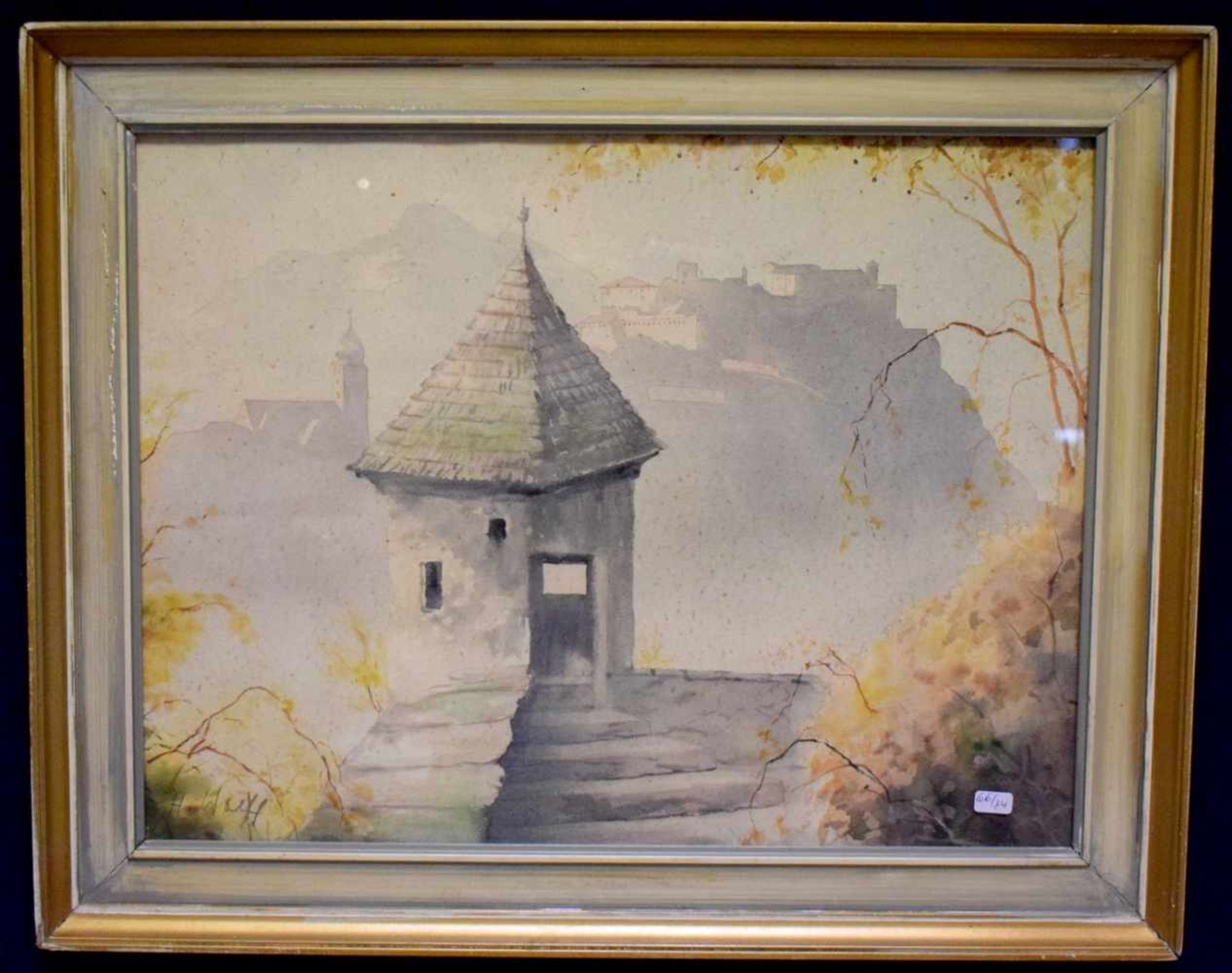 Aquarell der alte Turm, im Hintergrund Burg, u.r.sign. Heinrich Wolff, Blattgröße 33 X 34 cm, im