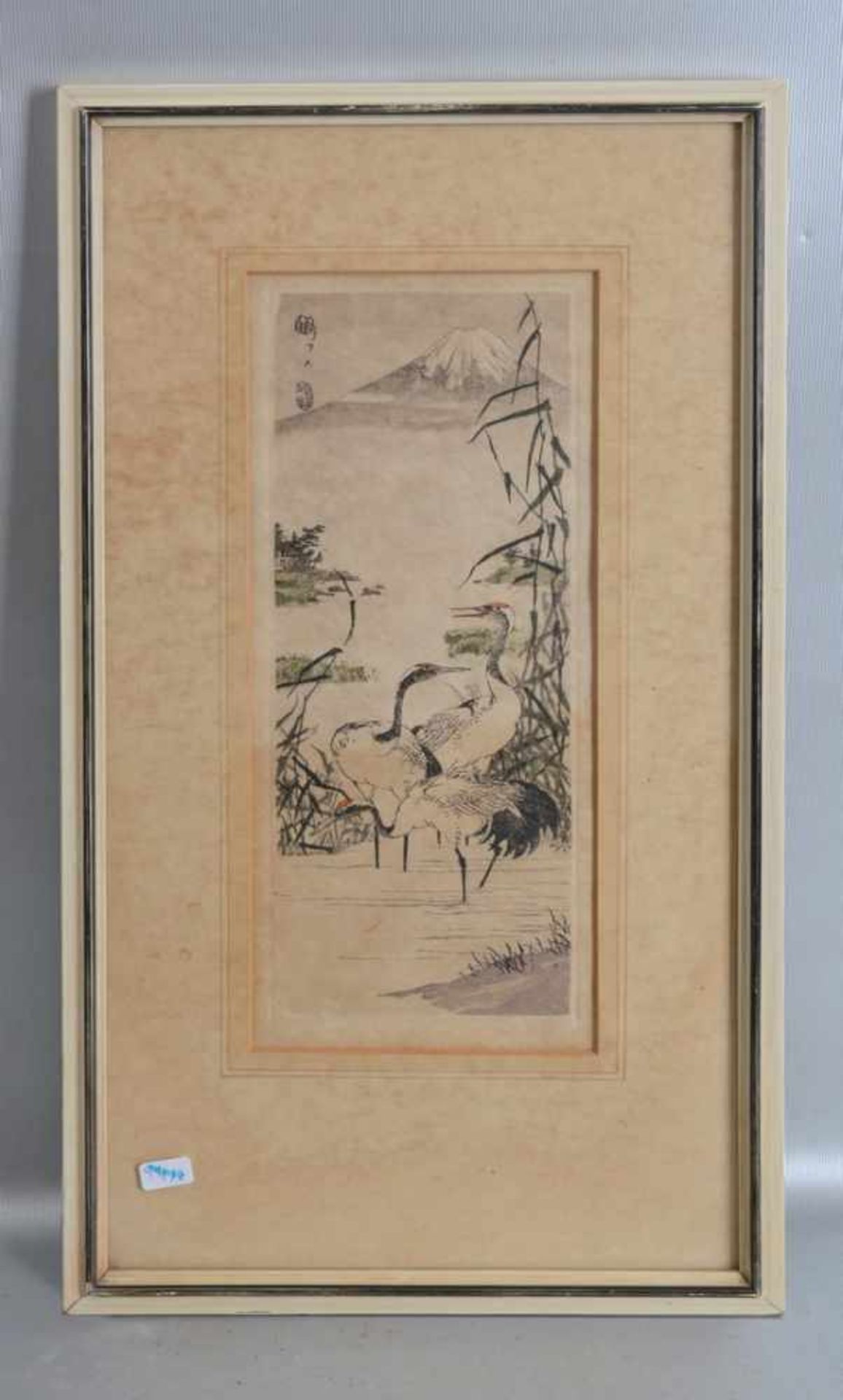 Tuschzeichung Kraniche, im Hintergrund Fudschijama, Blattgröße 12 X 28 cm, im Rahmen, 24 X 45 cm