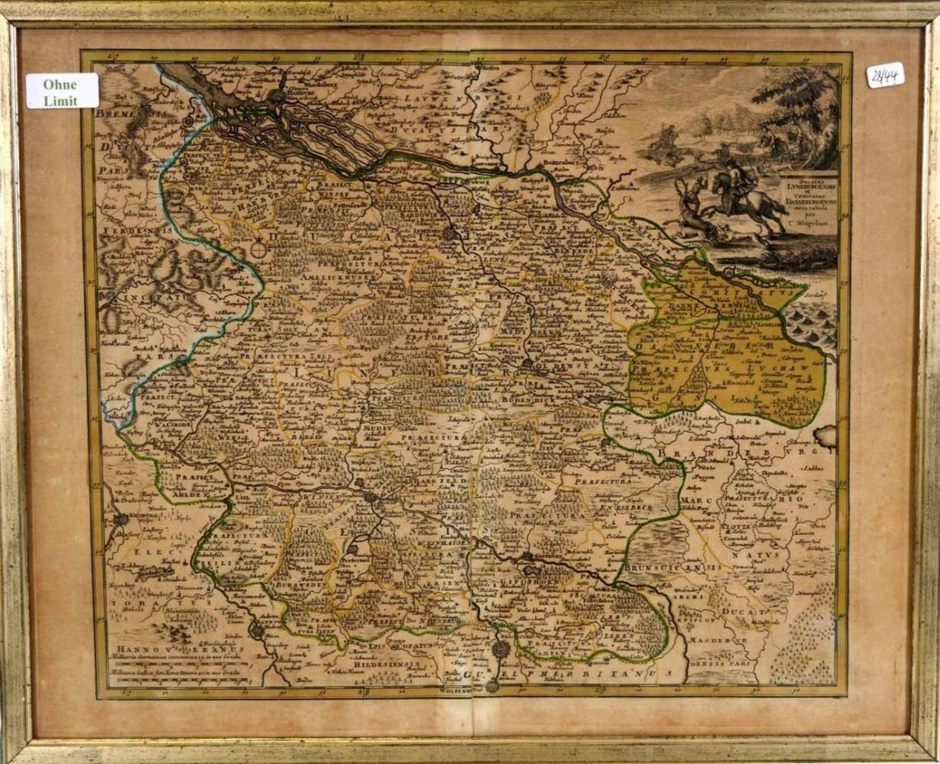 Landkarte Norddeutschland, coloriert, 32 X 38 cm, im Rahmen, 18. Jh.