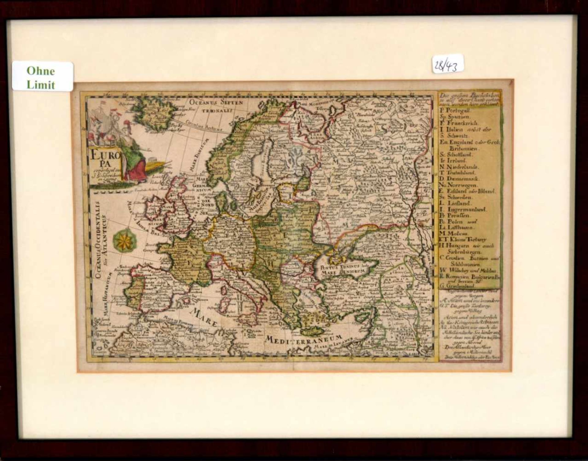 Kupferstich Landkarte von Europa, mit Mittelmeer, teilweise coloriert, 17 X 25 cm, Rahmen,