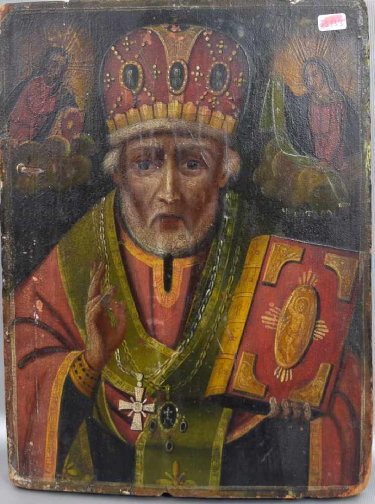Darstellung eines Geistlichen mit Buchumrankt von Heiligen, Öl/Holz, 24 X 32 cm, Russland, 19. Jh.